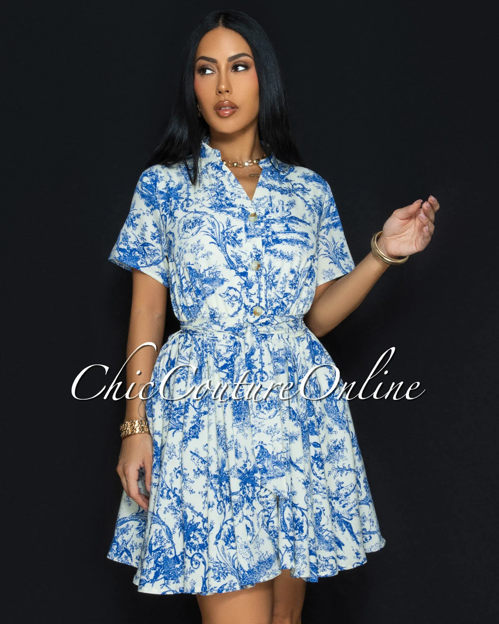 Forre Blue Off-White Print Skater Dress sold by Chic Couture product image thumbnail 3