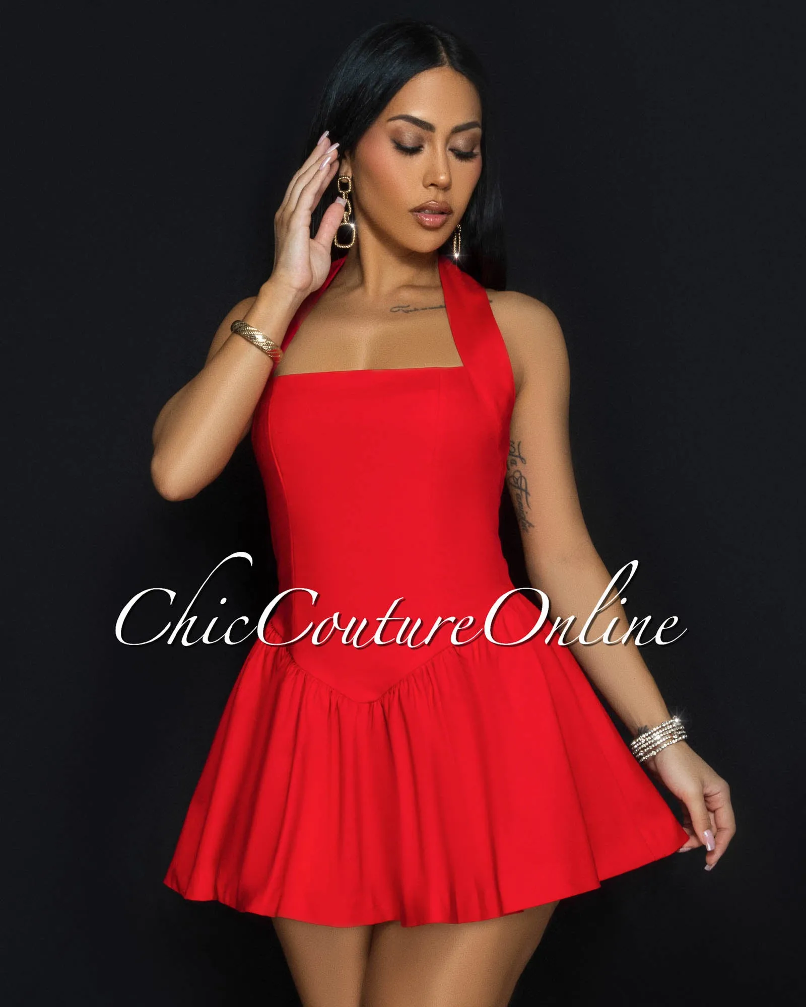 Emporio Red Halter Flared Skater Dress sold by Chic Couture product image thumbnail 3