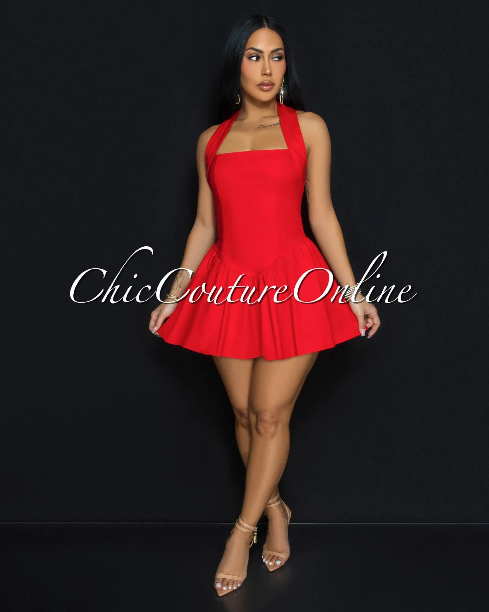 Emporio Red Halter Flared Skater Dress sold by Chic Couture