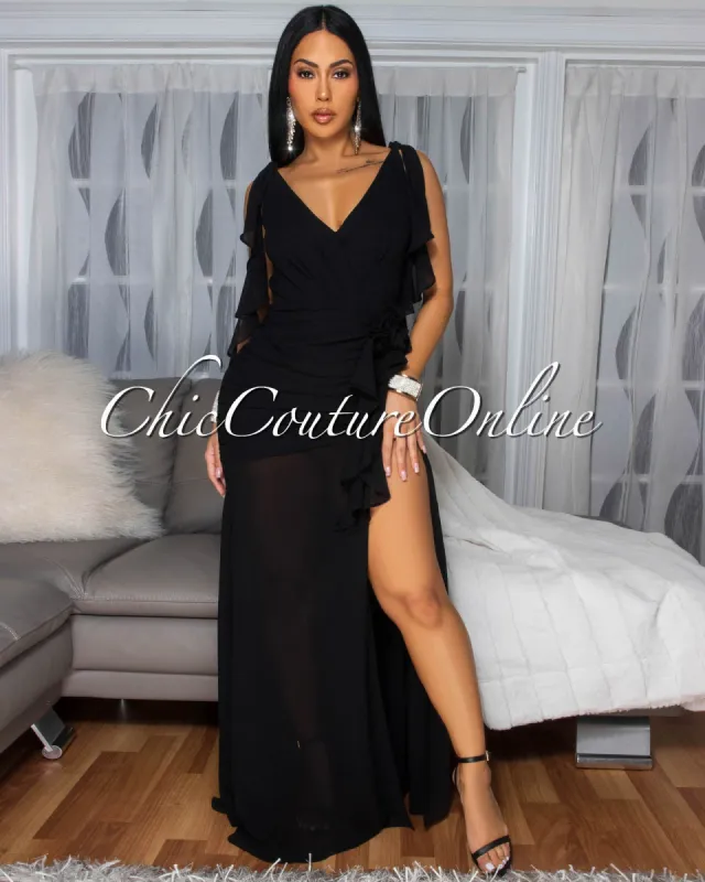 Abianka Black Ruffle Slit Maxi Dress sold by Chic Couture