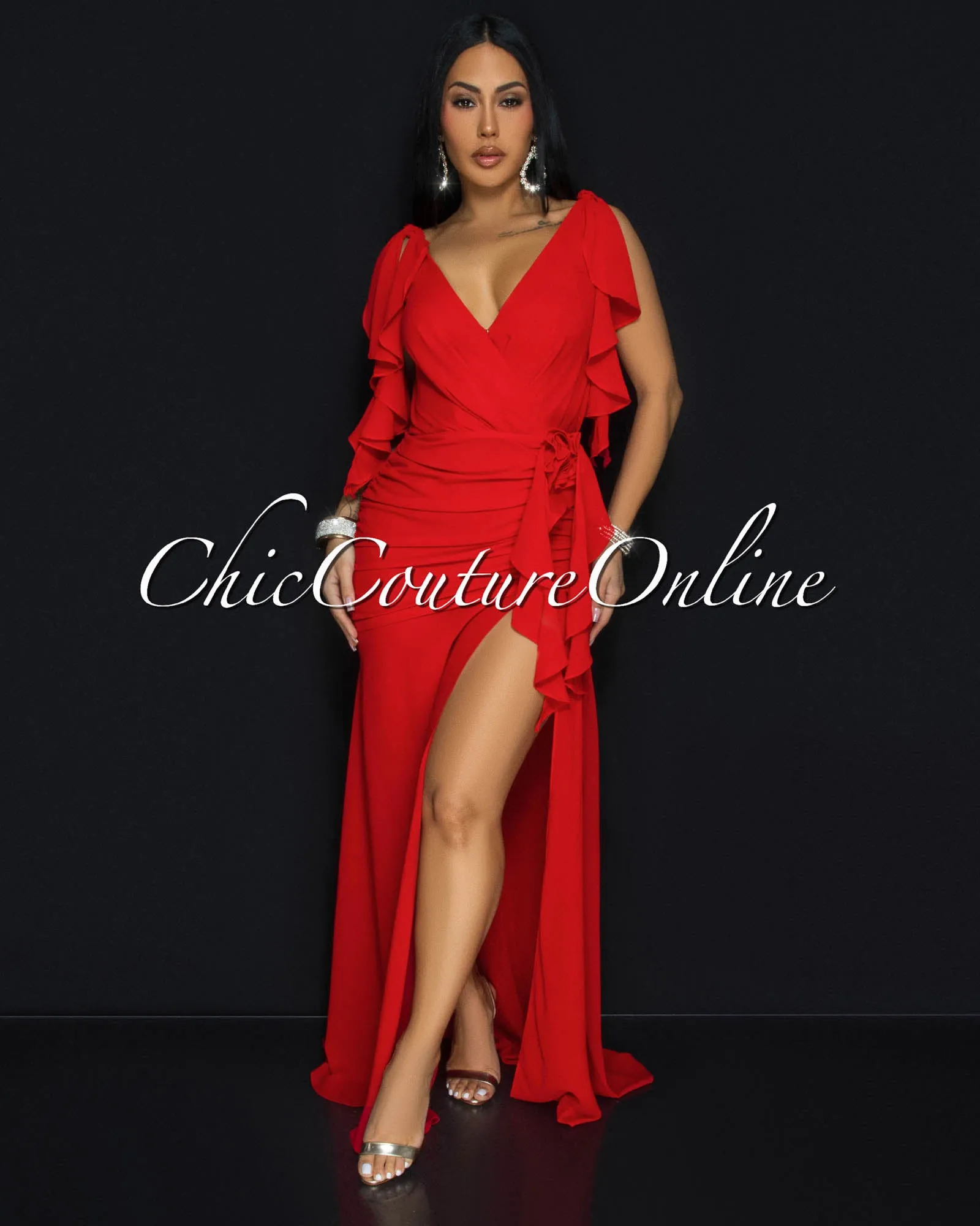 Abianka Red Ruffle Slit Maxi Dress sold by Chic Couture product image thumbnail 2