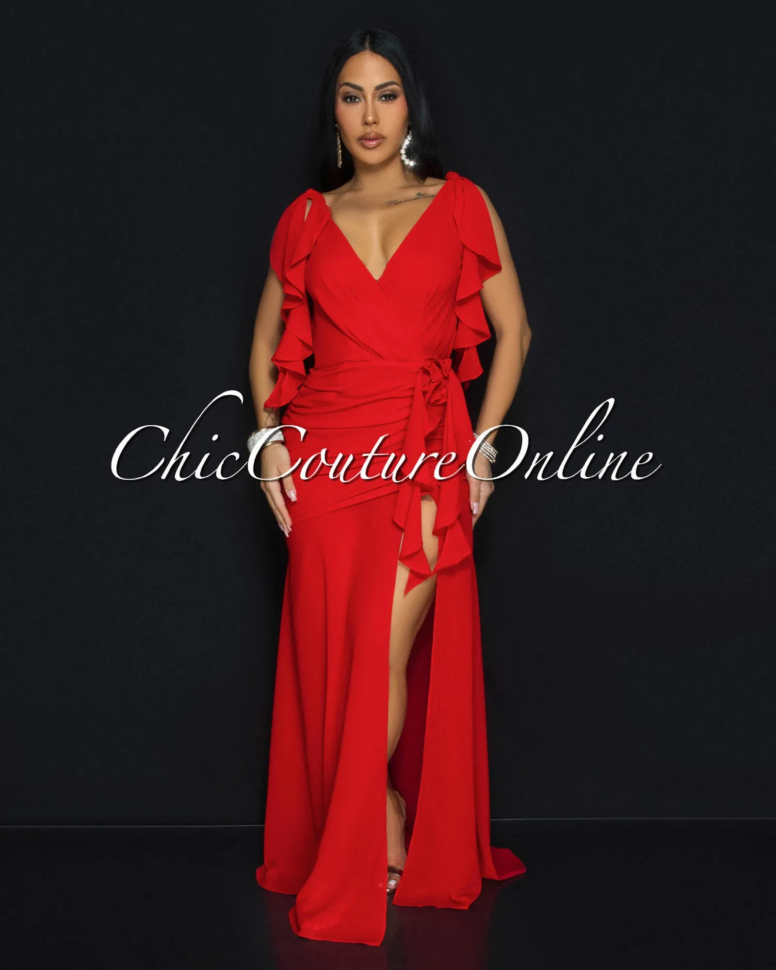 Abianka Red Ruffle Slit Maxi Dress sold by Chic Couture product image thumbnail 3