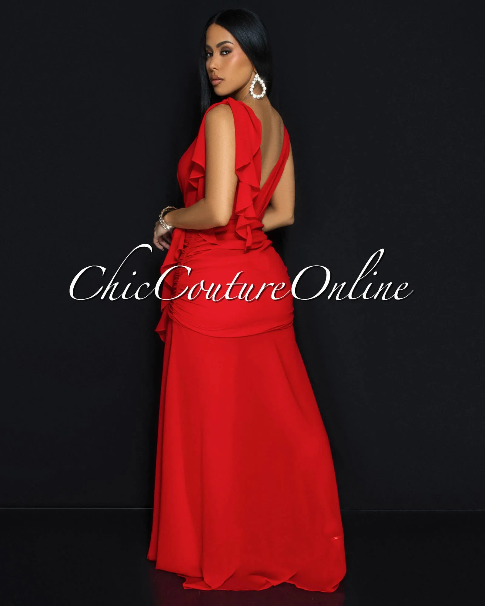 Abianka Red Ruffle Slit Maxi Dress sold by Chic Couture product image thumbnail 4