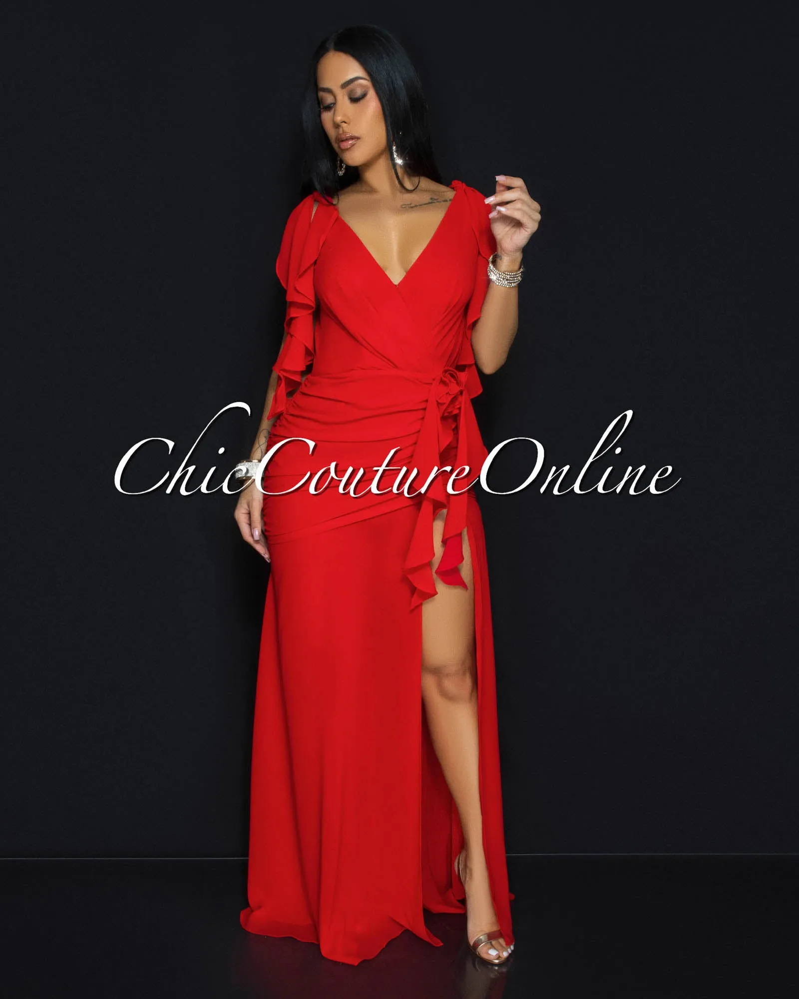 Abianka Red Ruffle Slit Maxi Dress sold by Chic Couture
