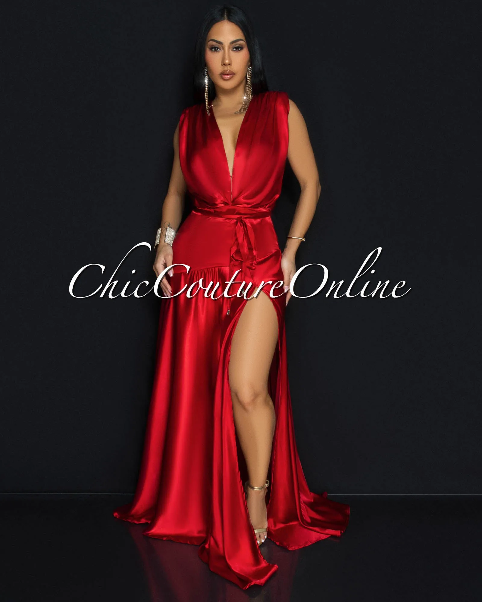 Leyla Burgundy Red Sleeveless Silky Maxi Dress sold by Chic Couture product image thumbnail 2