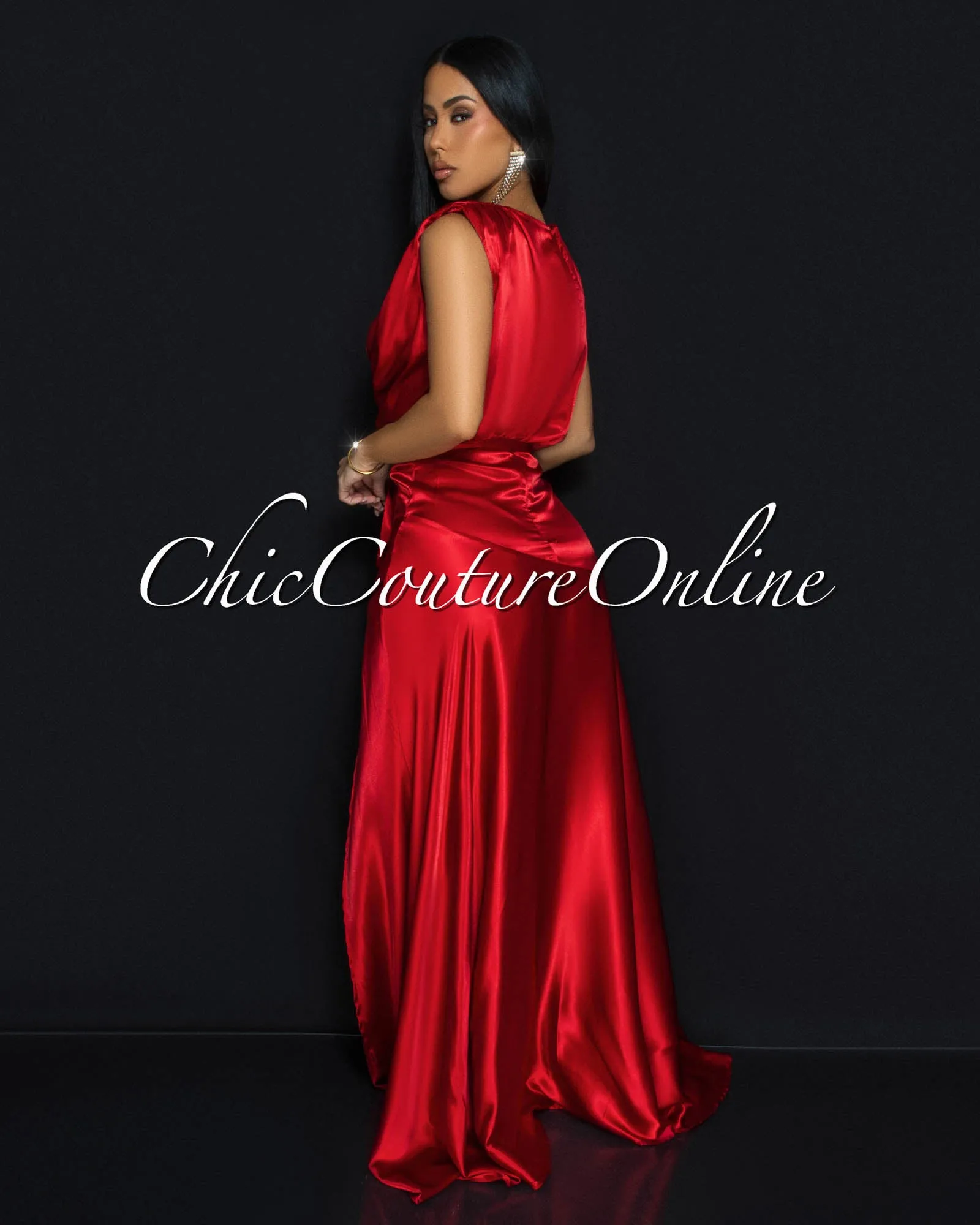 Leyla Burgundy Red Sleeveless Silky Maxi Dress sold by Chic Couture product image thumbnail 3