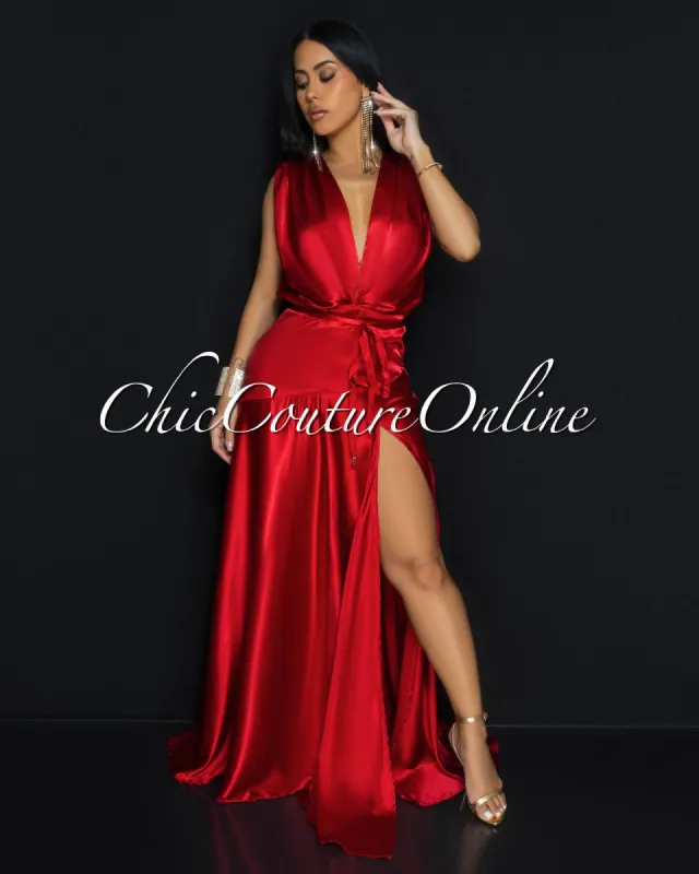 Leyla Burgundy Red Sleeveless Silky Maxi Dress sold by Chic Couture