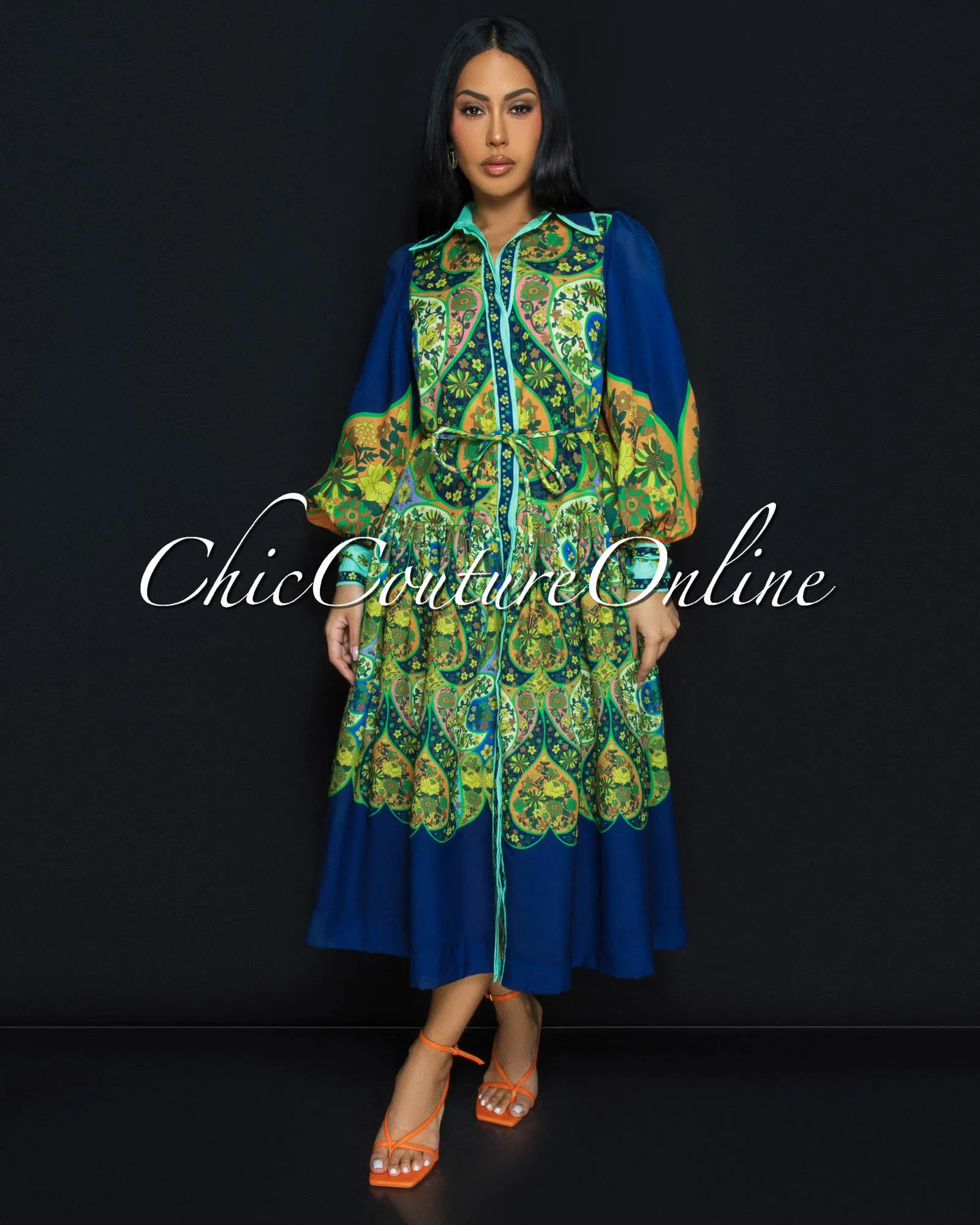 MaBelle Green Multi-Color Flare Midi Dress sold by Chic Couture