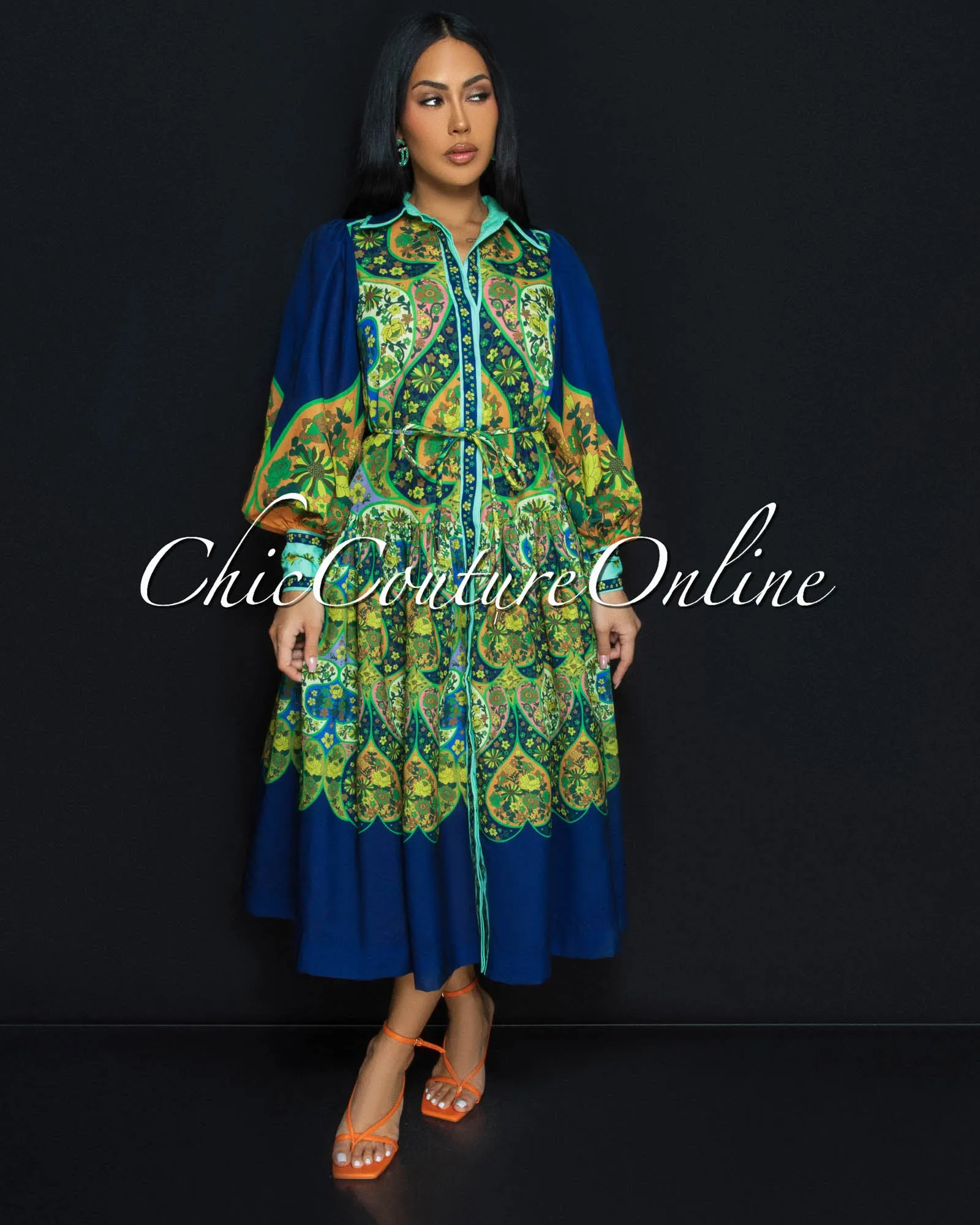 MaBelle Green Multi-Color Flare Midi Dress sold by Chic Couture product image thumbnail 3