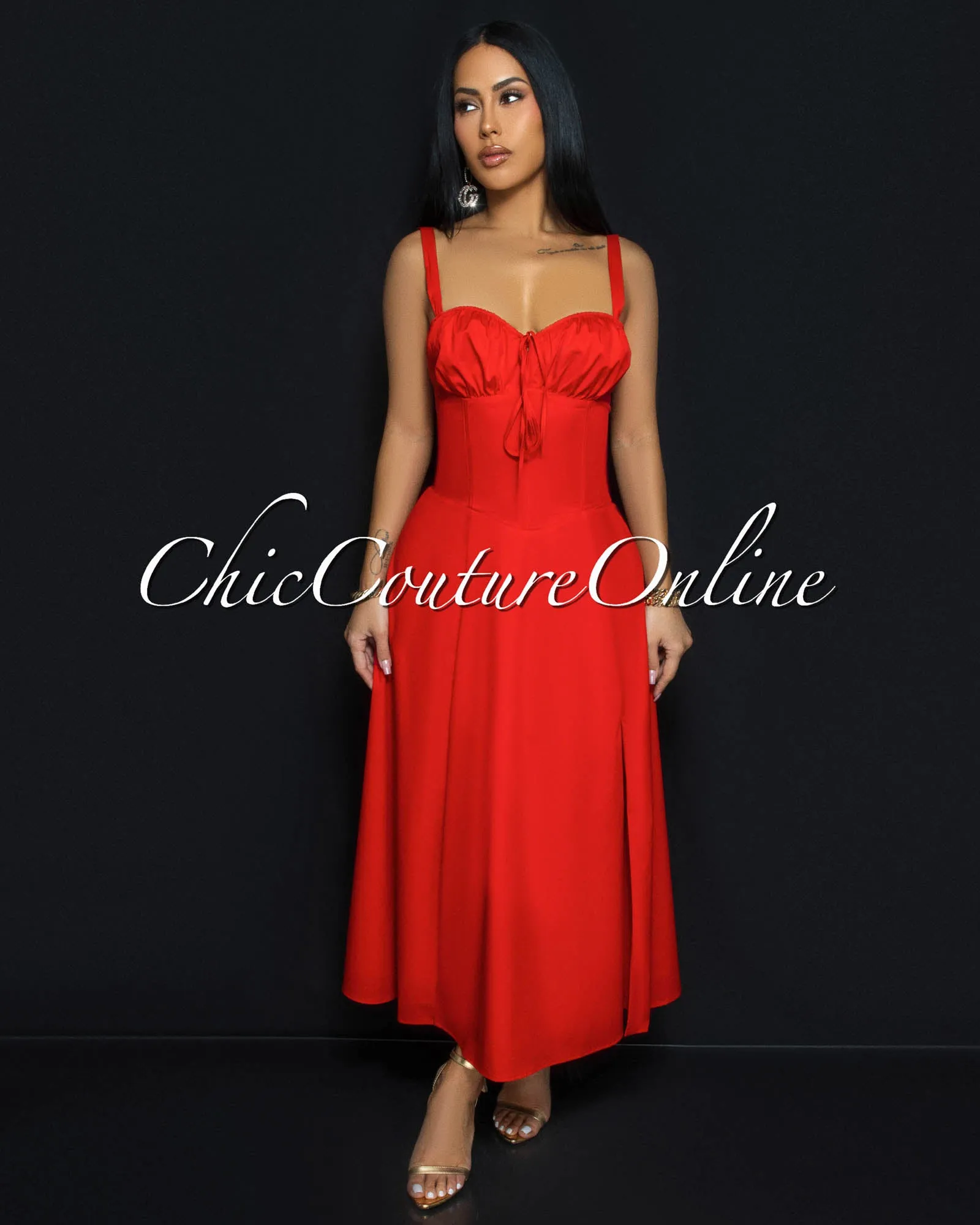 Landon Red Sweetheart Corset Midi Dress sold by Chic Couture product image thumbnail 2