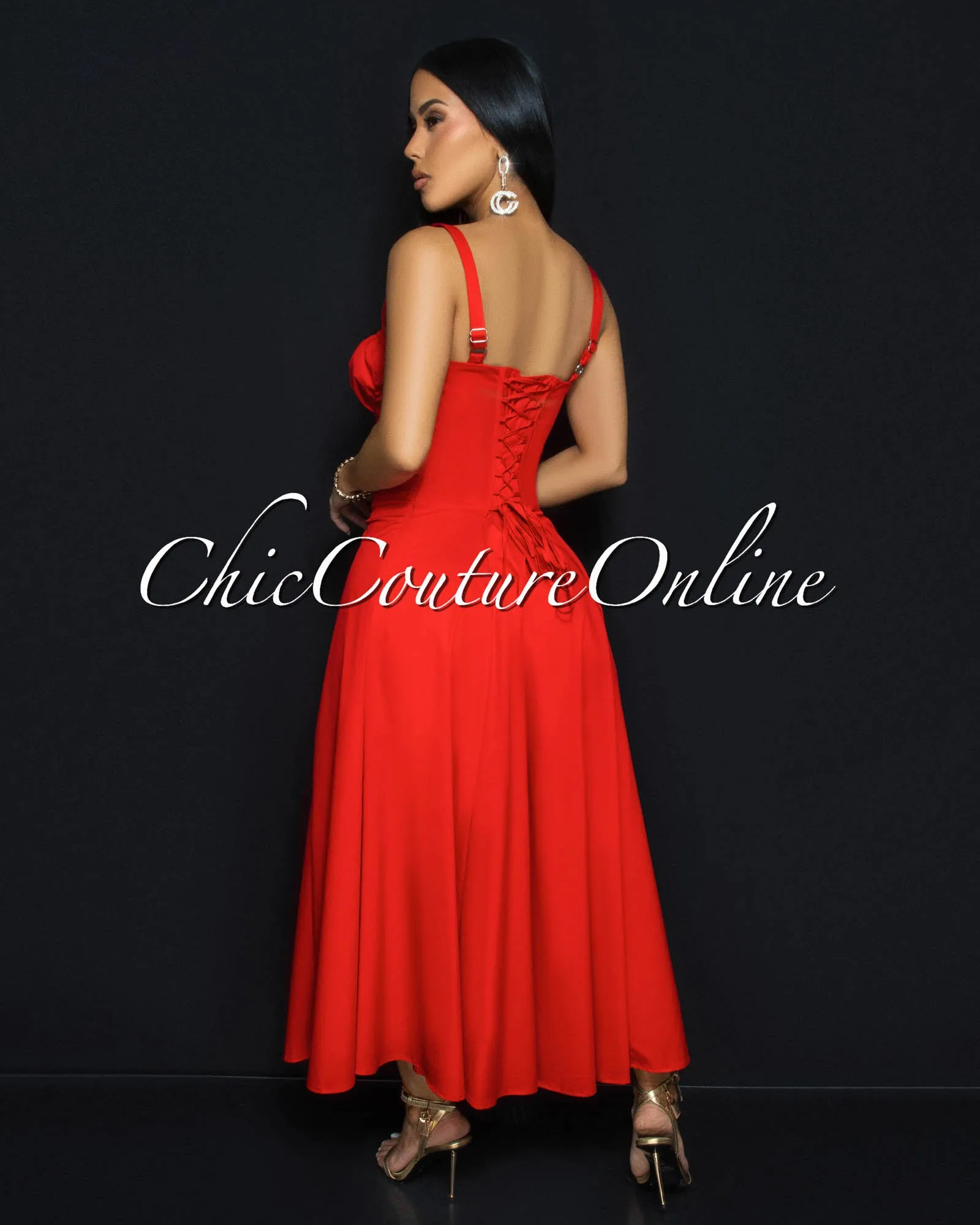 Landon Red Sweetheart Corset Midi Dress sold by Chic Couture product image thumbnail 4