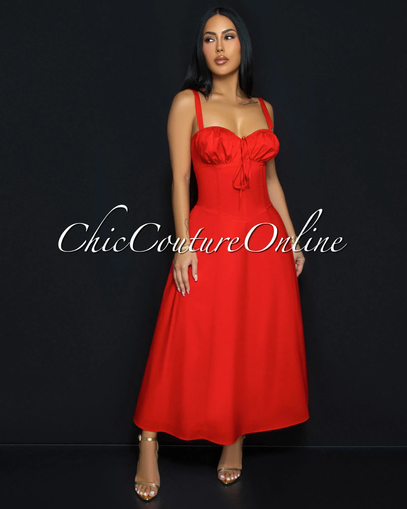Landon Red Sweetheart Corset Midi Dress sold by Chic Couture product image thumbnail 3