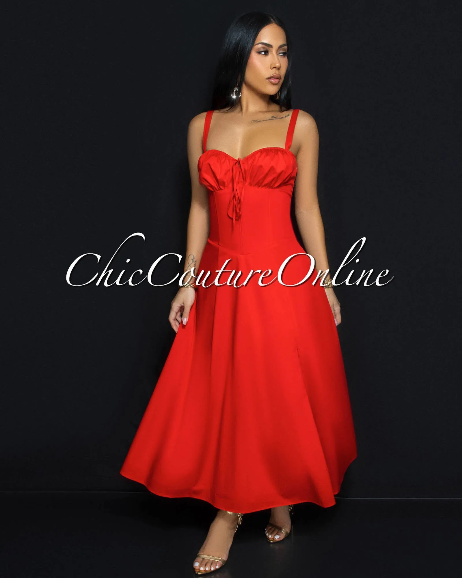 Landon Red Sweetheart Corset Midi Dress sold by Chic Couture