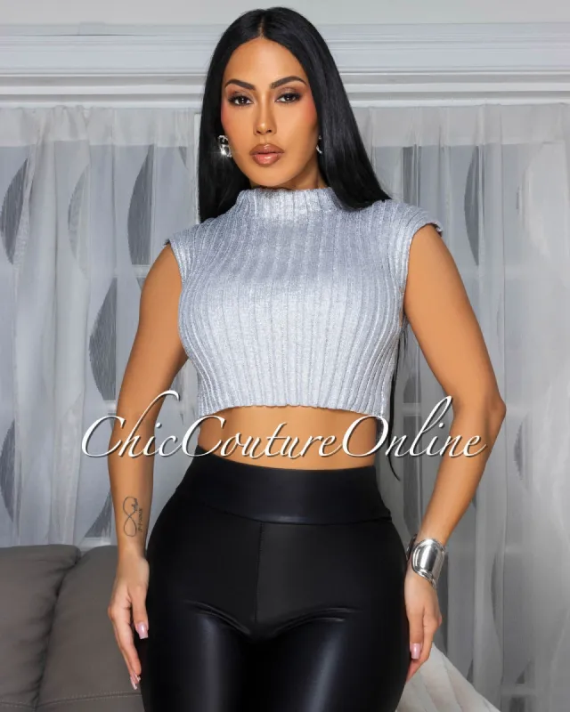 Madhere Silver High-Shine Ribbed Top sold by Chic Couture