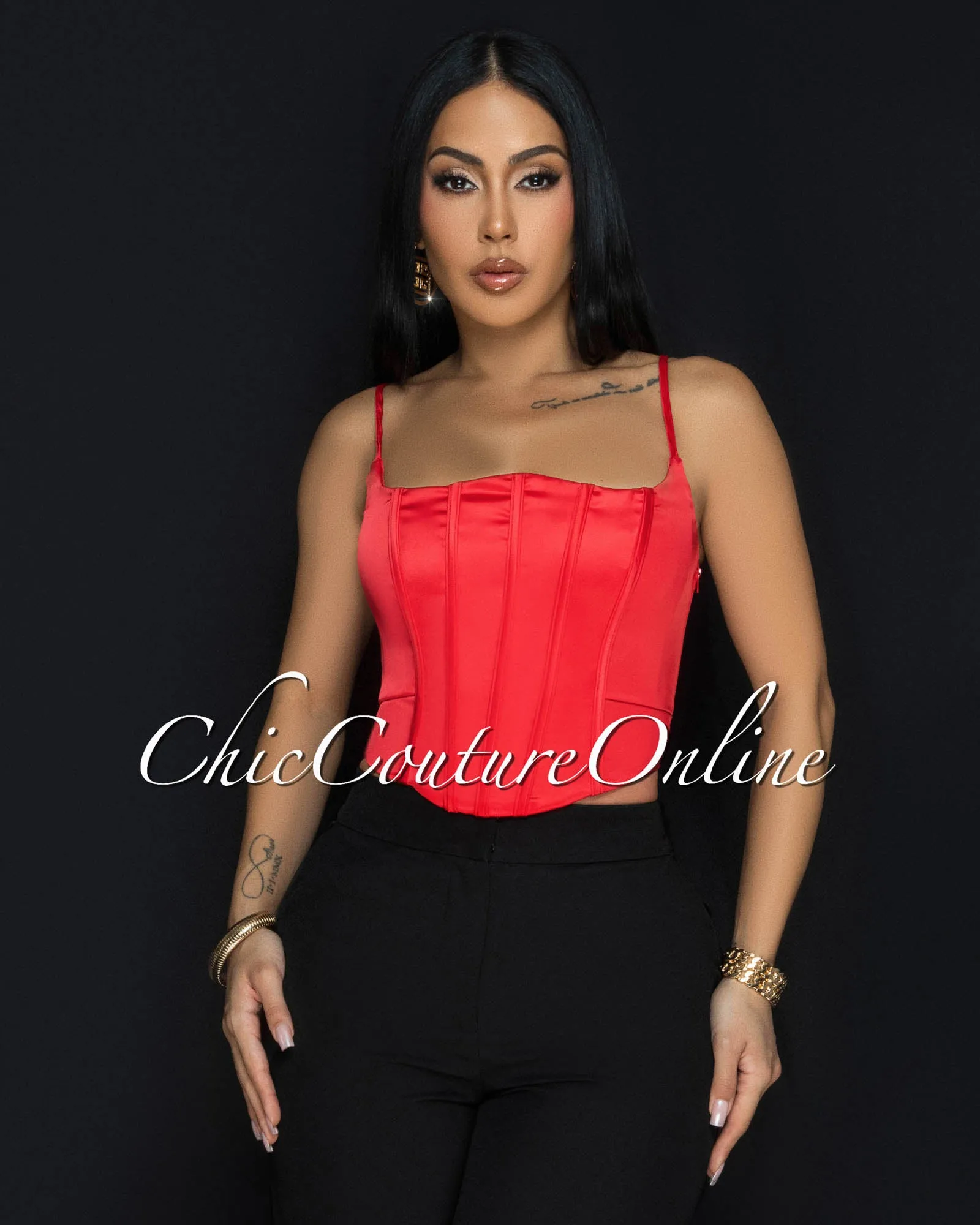 Riley Red Silky Bustier Top sold by Chic Couture