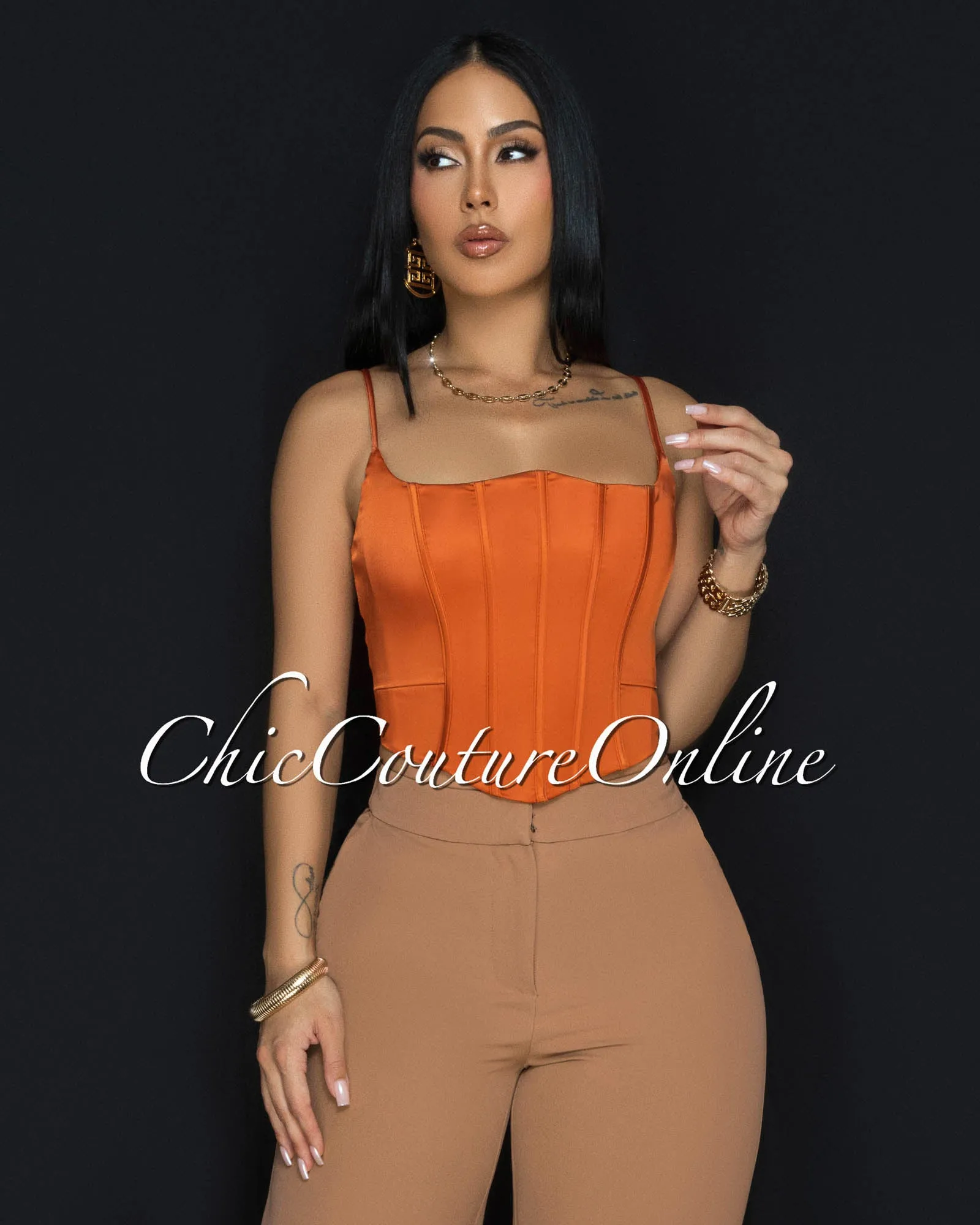 Riley Burnt Orange Silky Bustier Top sold by Chic Couture
