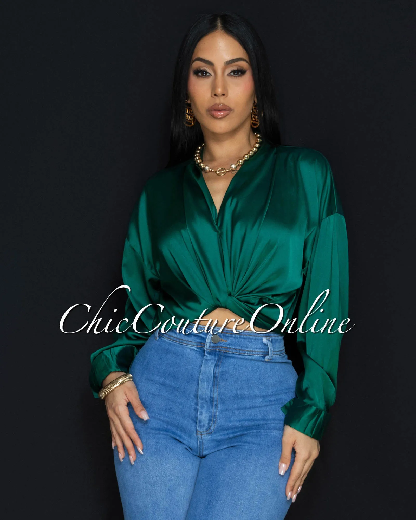 Westerly Hunter Green Silky Blouse sold by Chic Couture