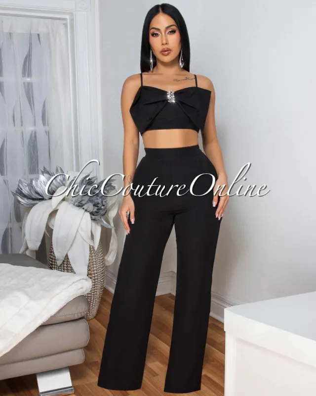 Jeannie Black Crop Top Pants Set sold by Chic Couture
