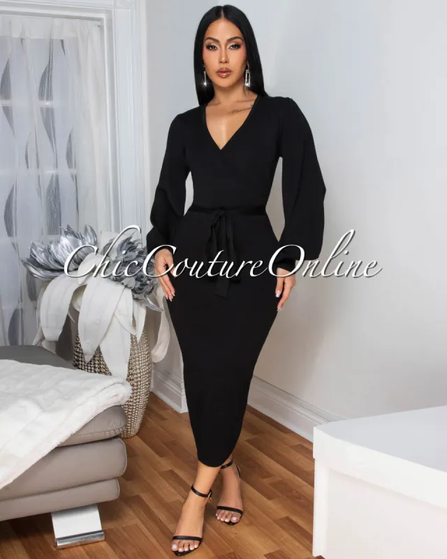 Cider Black Faux Wrap Knit Midi Dress sold by Chic Couture