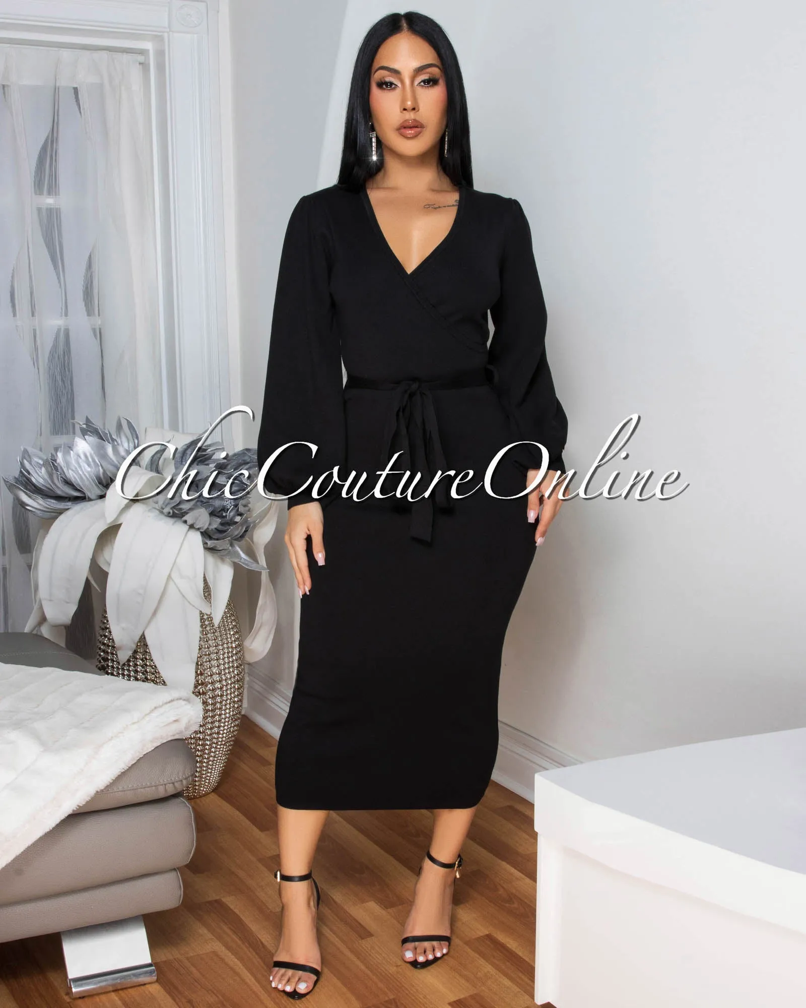 Cider Black Faux Wrap Knit Midi Dress sold by Chic Couture product image thumbnail 2
