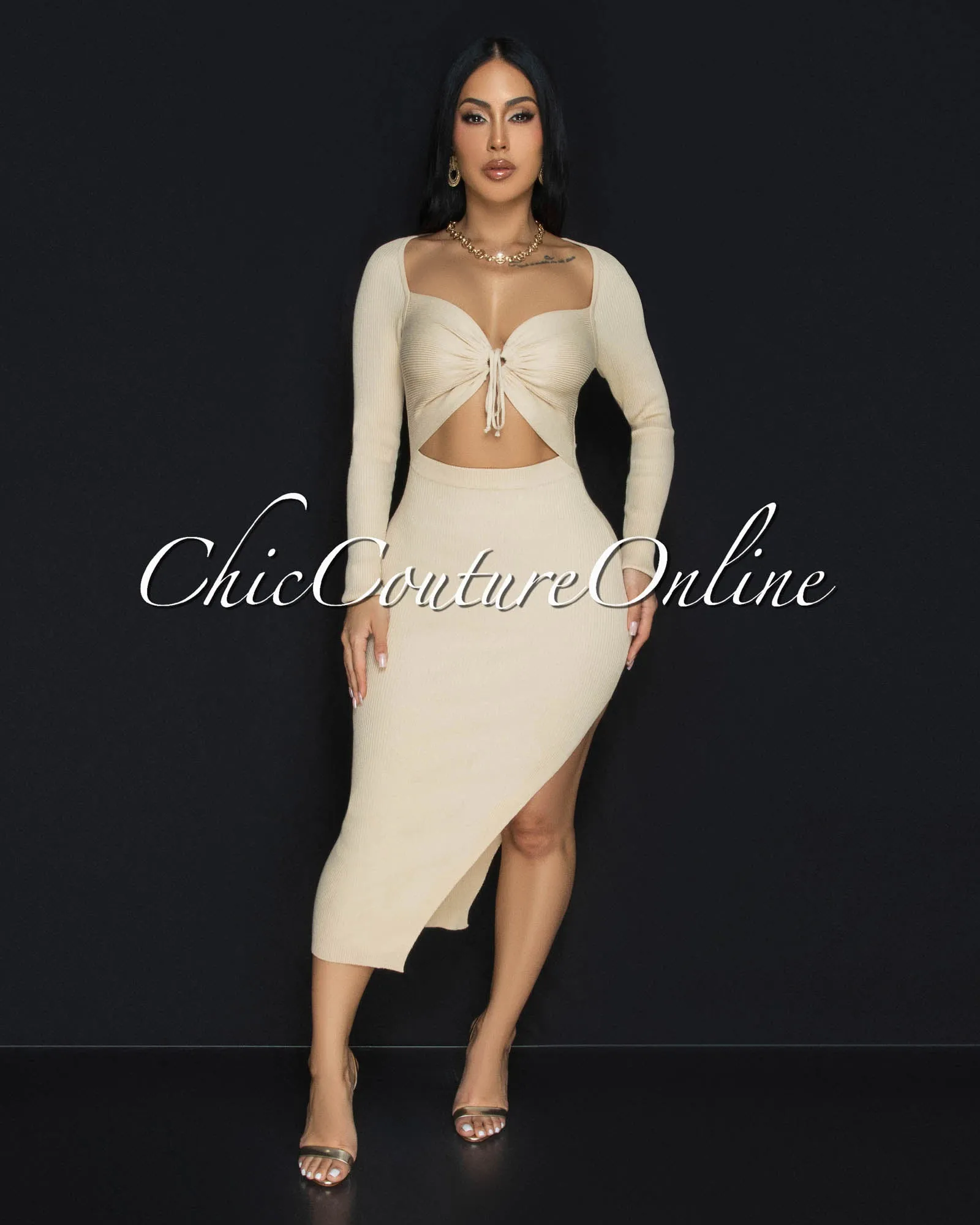 *Jaadia Nude Ribbed Cut-Out Bust Midi Dress sold by Chic Couture