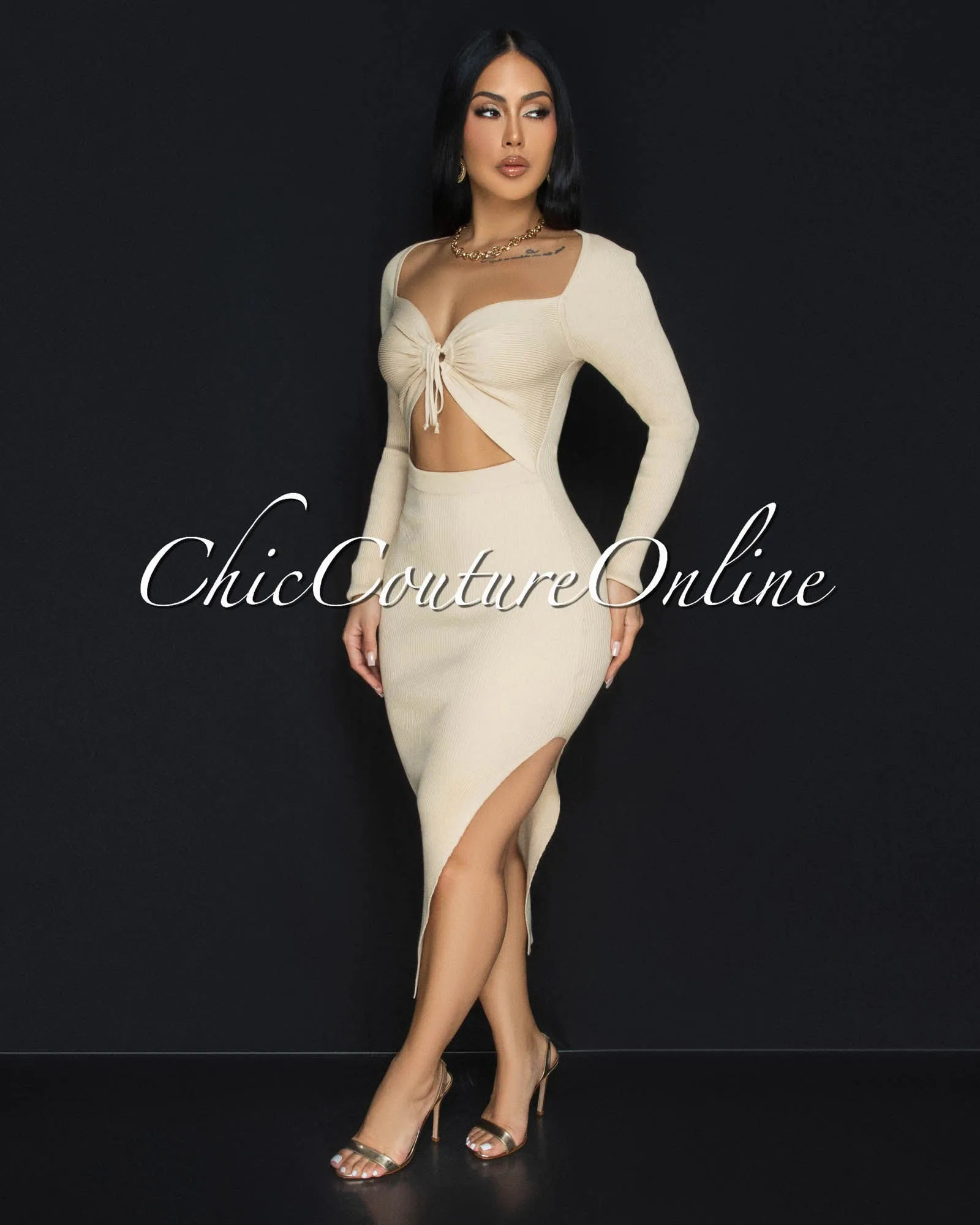 *Jaadia Nude Ribbed Cut-Out Bust Midi Dress sold by Chic Couture product image thumbnail 3