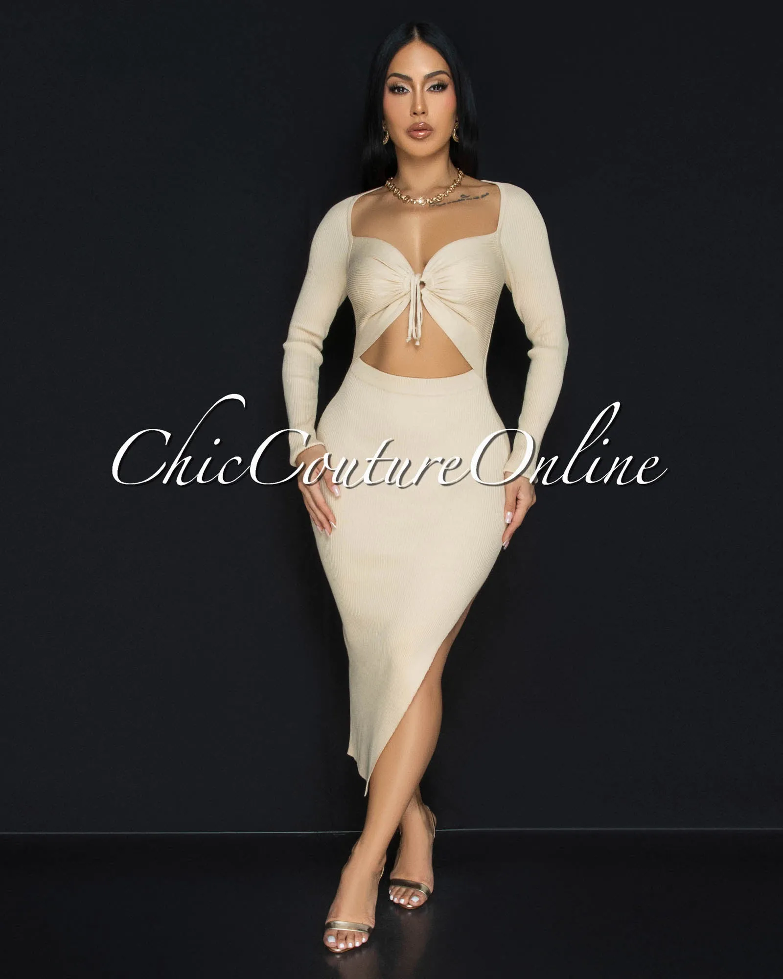 *Jaadia Nude Ribbed Cut-Out Bust Midi Dress sold by Chic Couture product image thumbnail 2