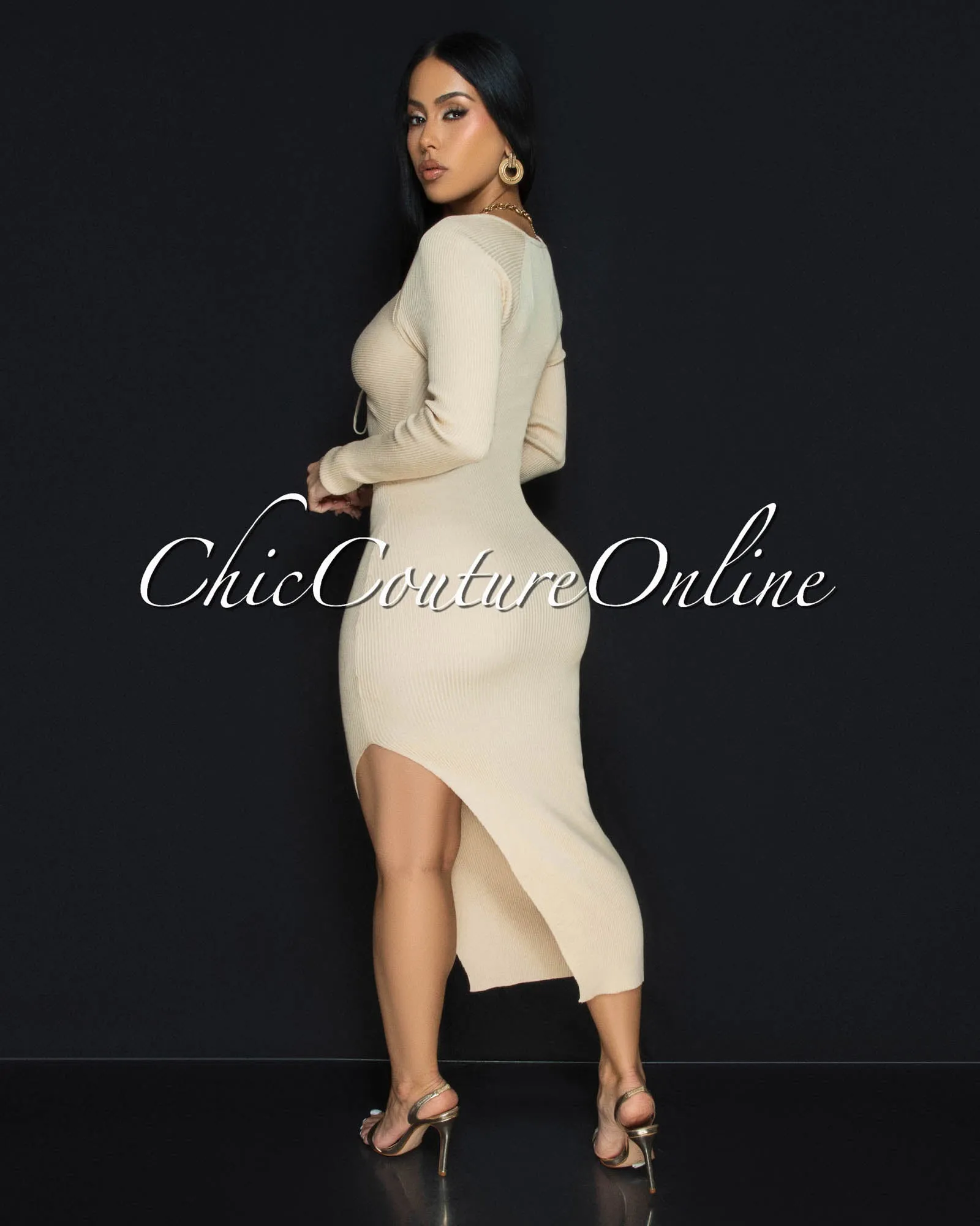 *Jaadia Nude Ribbed Cut-Out Bust Midi Dress sold by Chic Couture product image thumbnail 4