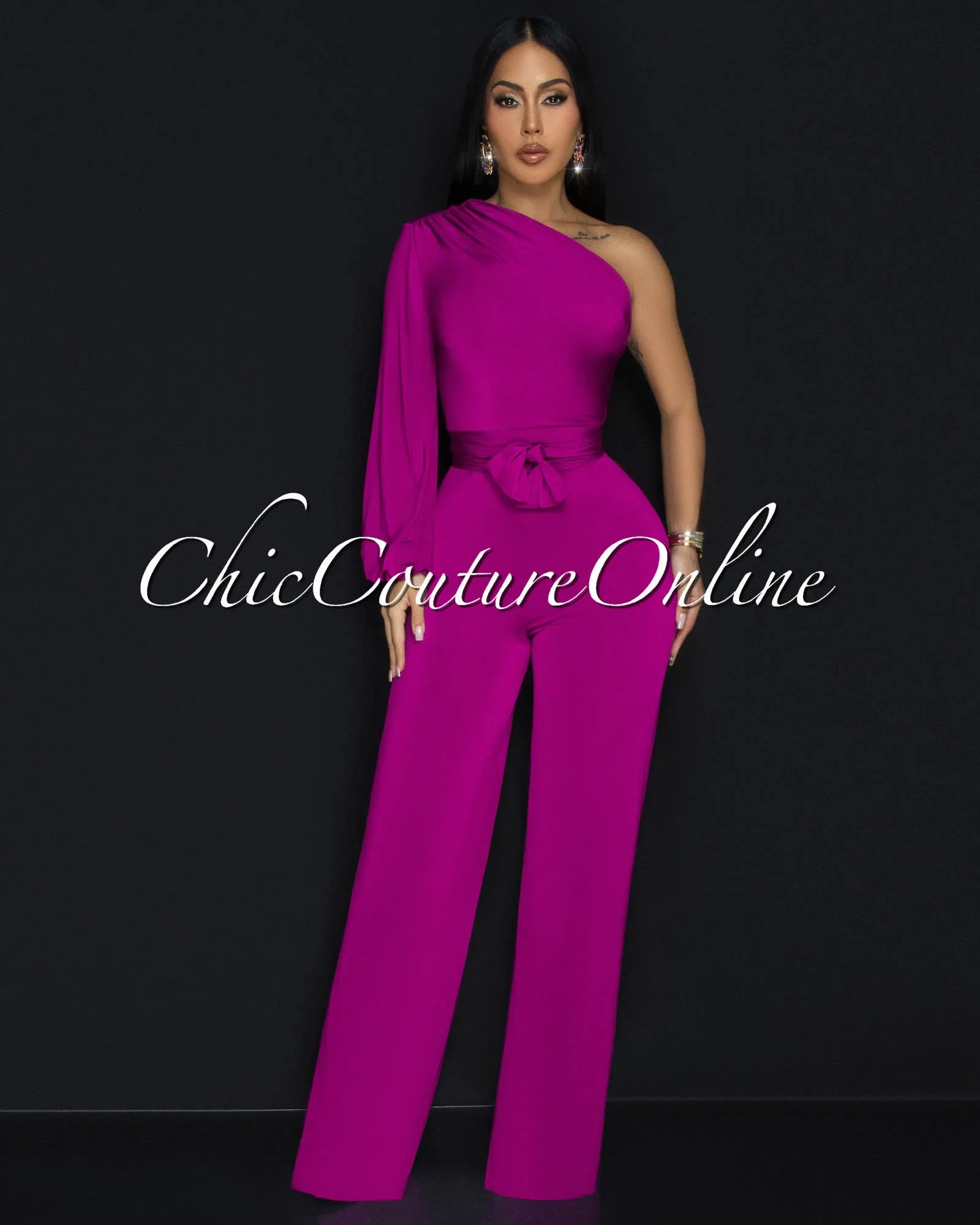 Pennia Magenta Single Long Sleeve Jumpsuit sold by Chic Couture