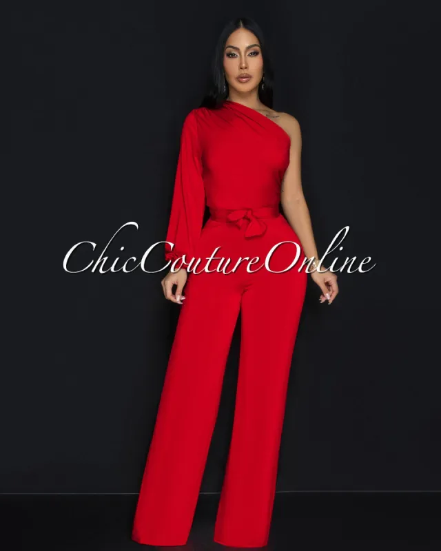 Pennia Red Single Long Sleeve Jumpsuit sold by Chic Couture