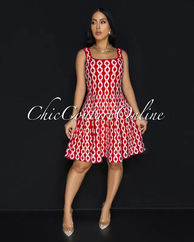 Cania Red White Print Knit Skater Dress sold by Chic Couture