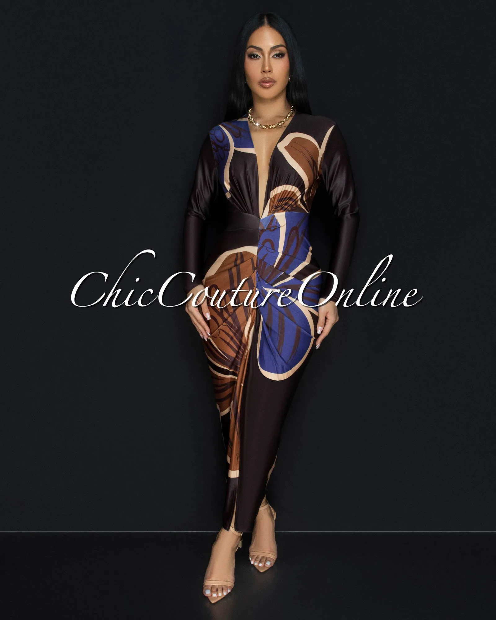 Alessia Chocolate Brown Multi-Color Deep V Neck Maxi Dress sold by Chic Couture