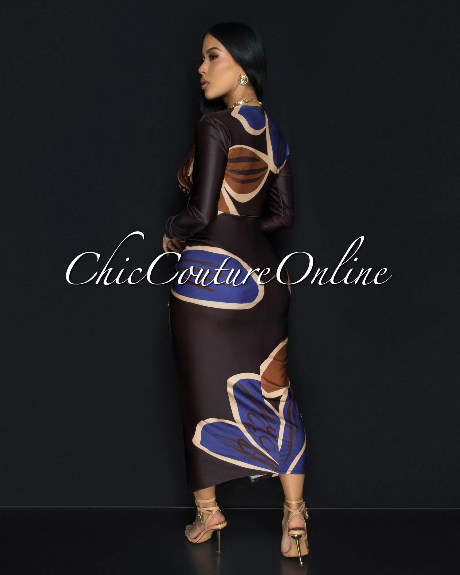 Alessia Chocolate Brown Multi-Color Deep V Neck Maxi Dress sold by Chic Couture product image thumbnail 3