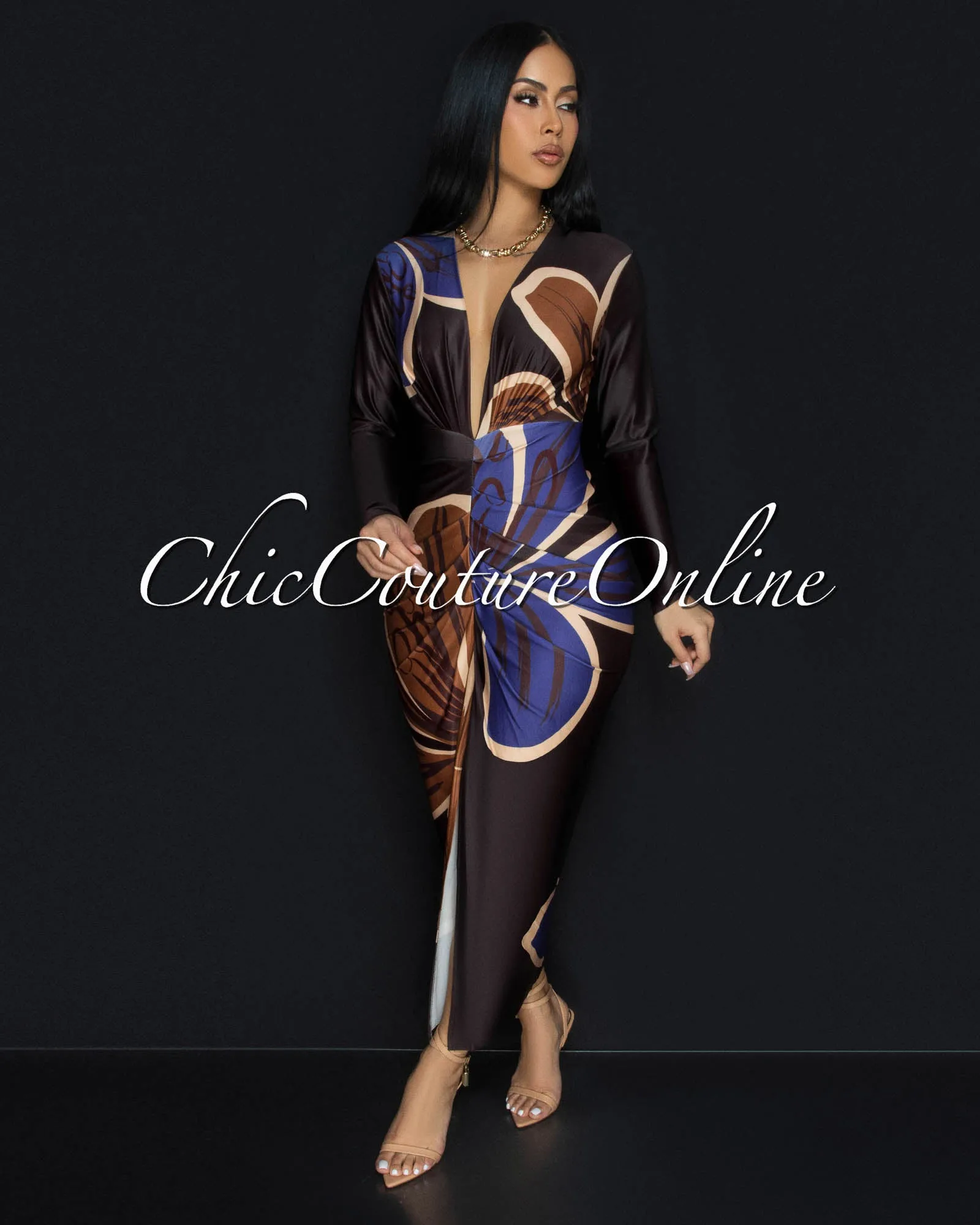 Alessia Chocolate Brown Multi-Color Deep V Neck Maxi Dress sold by Chic Couture product image thumbnail 2