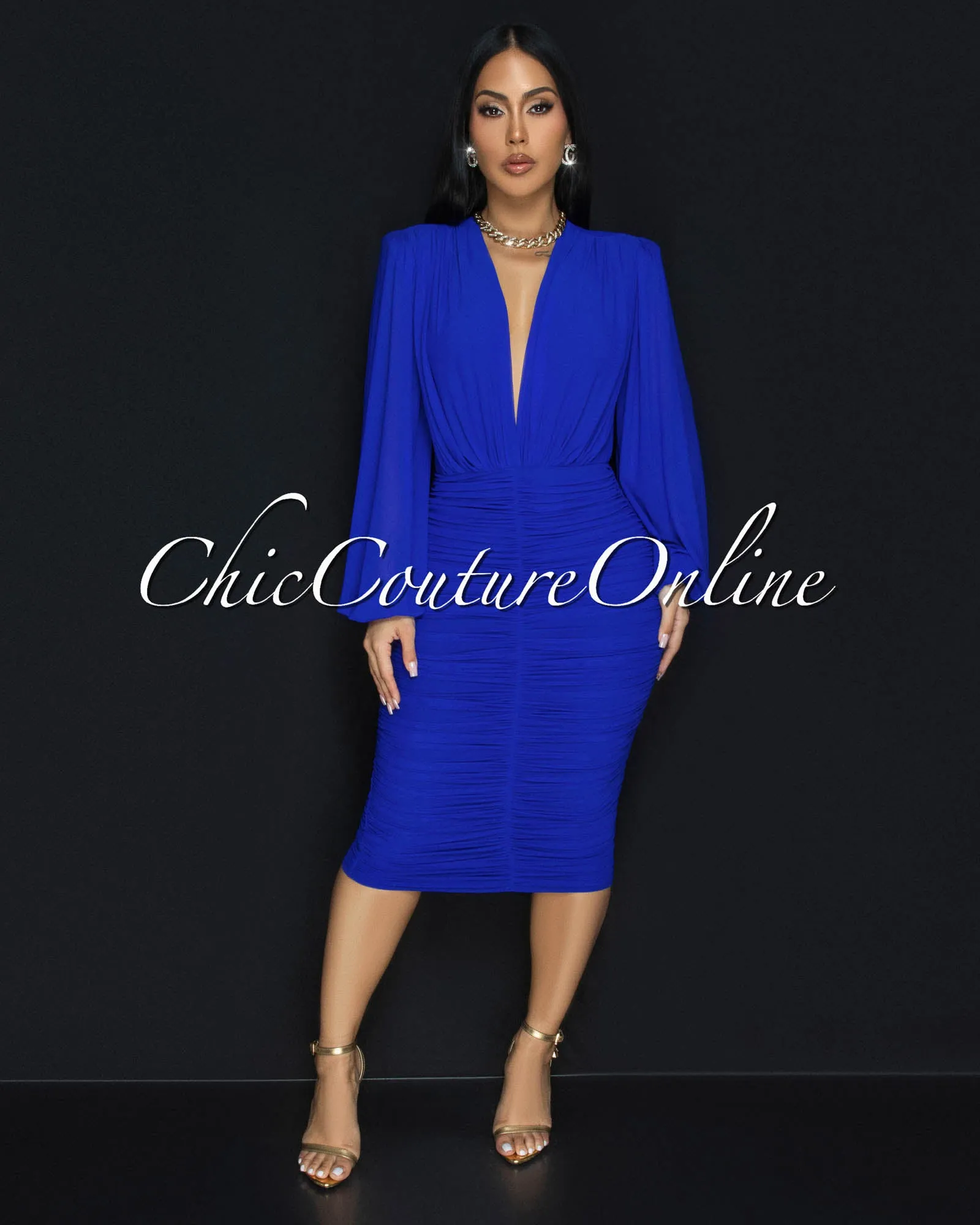 Vanica Royal-Blue Mesh Overlay Plunging V-Neck Midi Dress (PRE-ORDER) sold by Chic Couture product image thumbnail 2