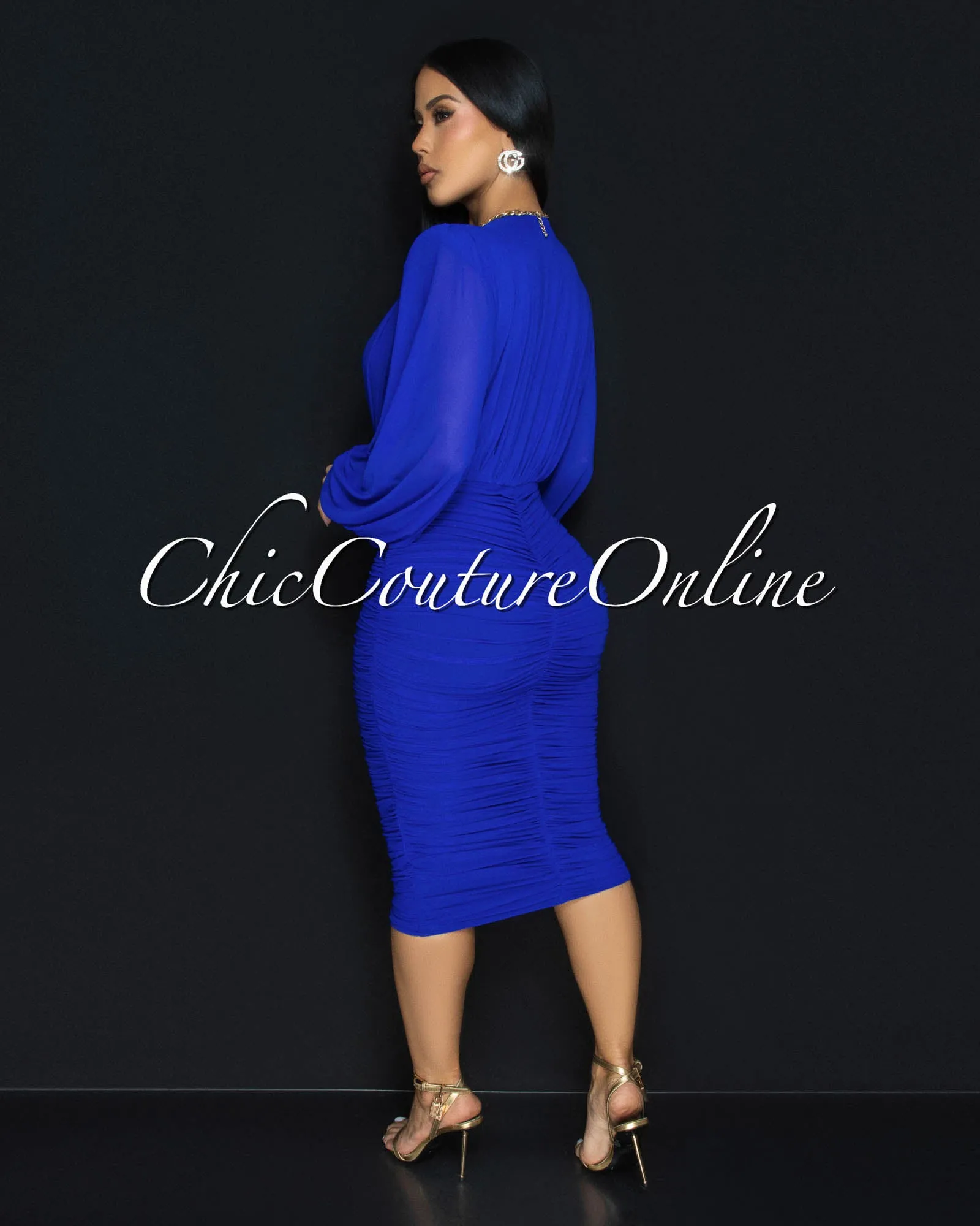Vanica Royal-Blue Mesh Overlay Plunging V-Neck Midi Dress (PRE-ORDER) sold by Chic Couture product image thumbnail 4
