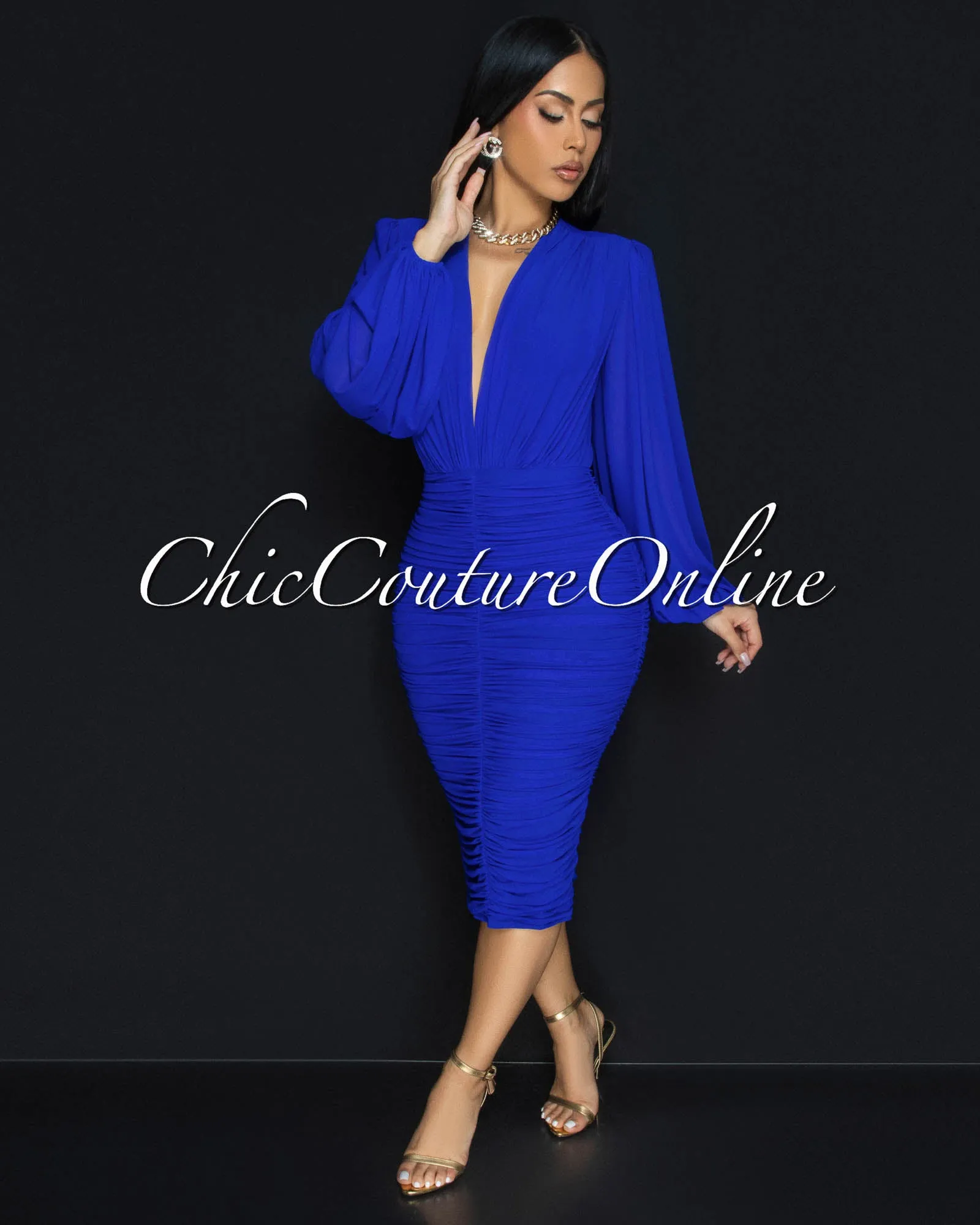 Vanica Royal-Blue Mesh Overlay Plunging V-Neck Midi Dress (PRE-ORDER) sold by Chic Couture product image thumbnail 3