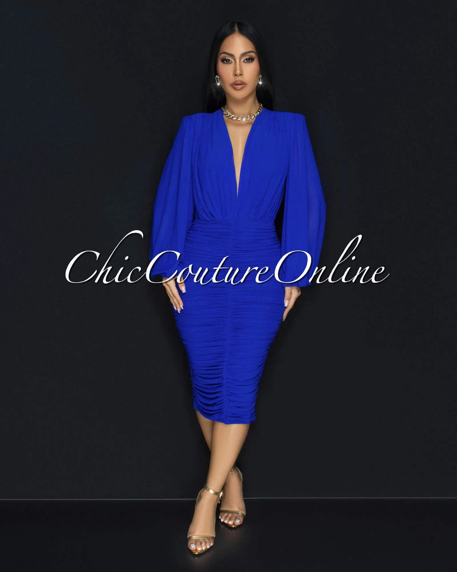 Vanica Royal-Blue Mesh Overlay Plunging V-Neck Midi Dress (PRE-ORDER) sold by Chic Couture