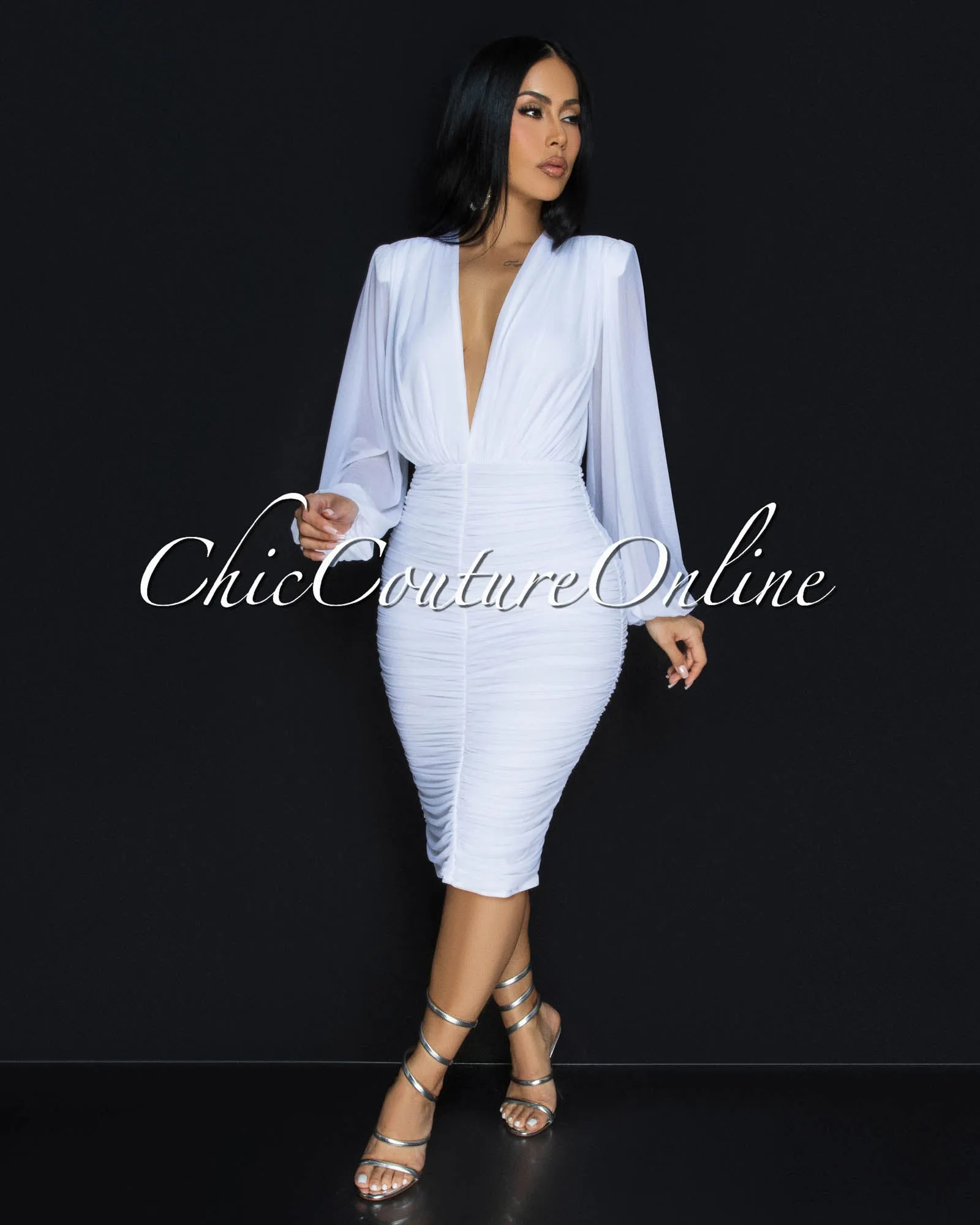 Vanica White Mesh Overlay Plunging V-Neck Midi Dress (PRE-ORDER) sold by Chic Couture product image thumbnail 2