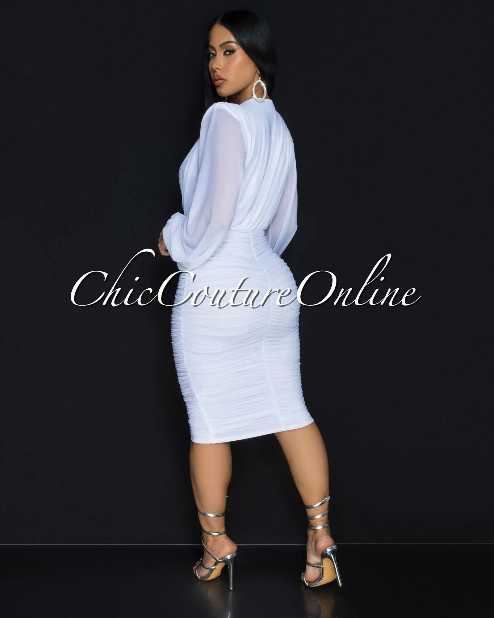 Vanica White Mesh Overlay Plunging V-Neck Midi Dress (PRE-ORDER) sold by Chic Couture product image thumbnail 3