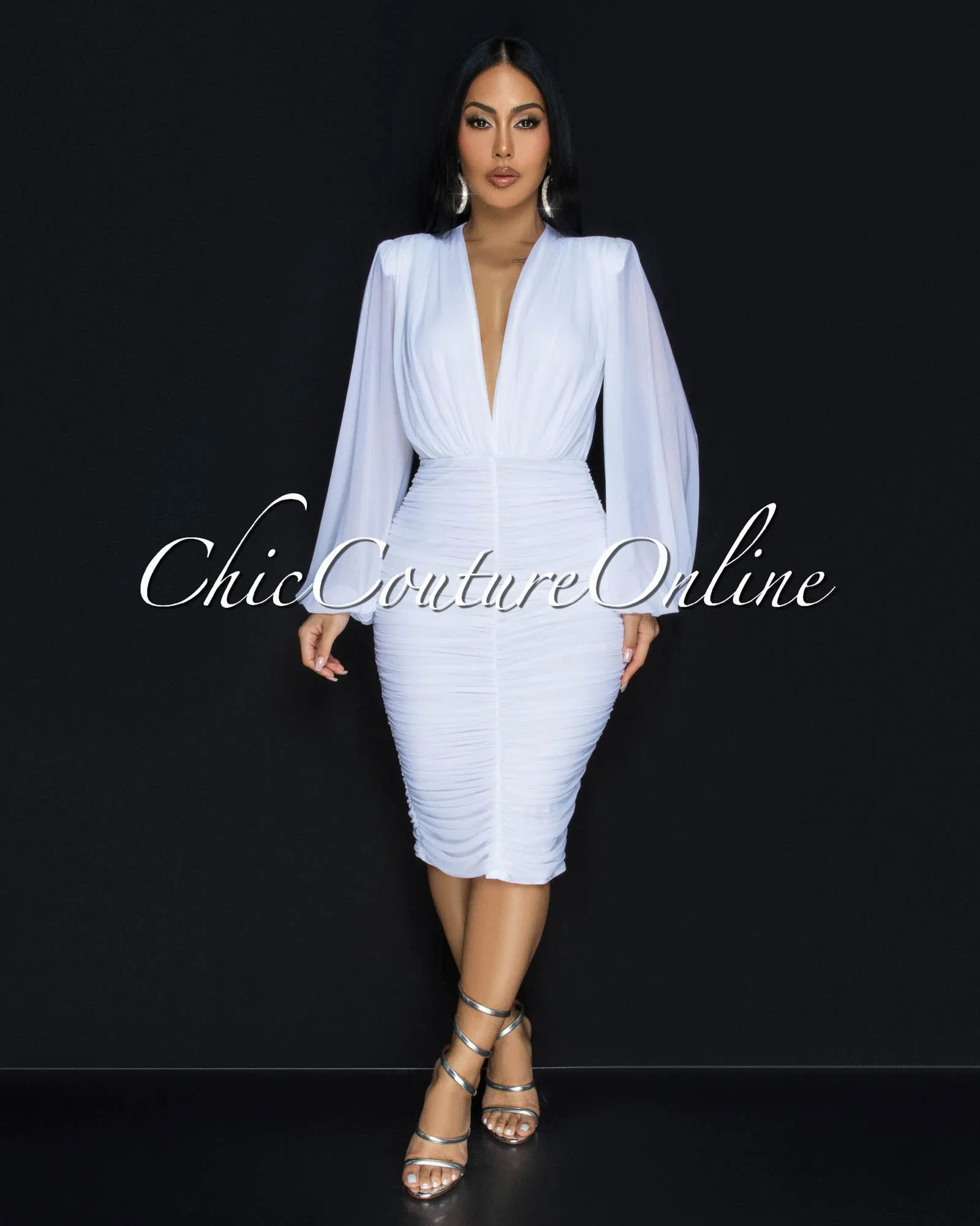 Vanica White Mesh Overlay Plunging V-Neck Midi Dress (PRE-ORDER) sold by Chic Couture