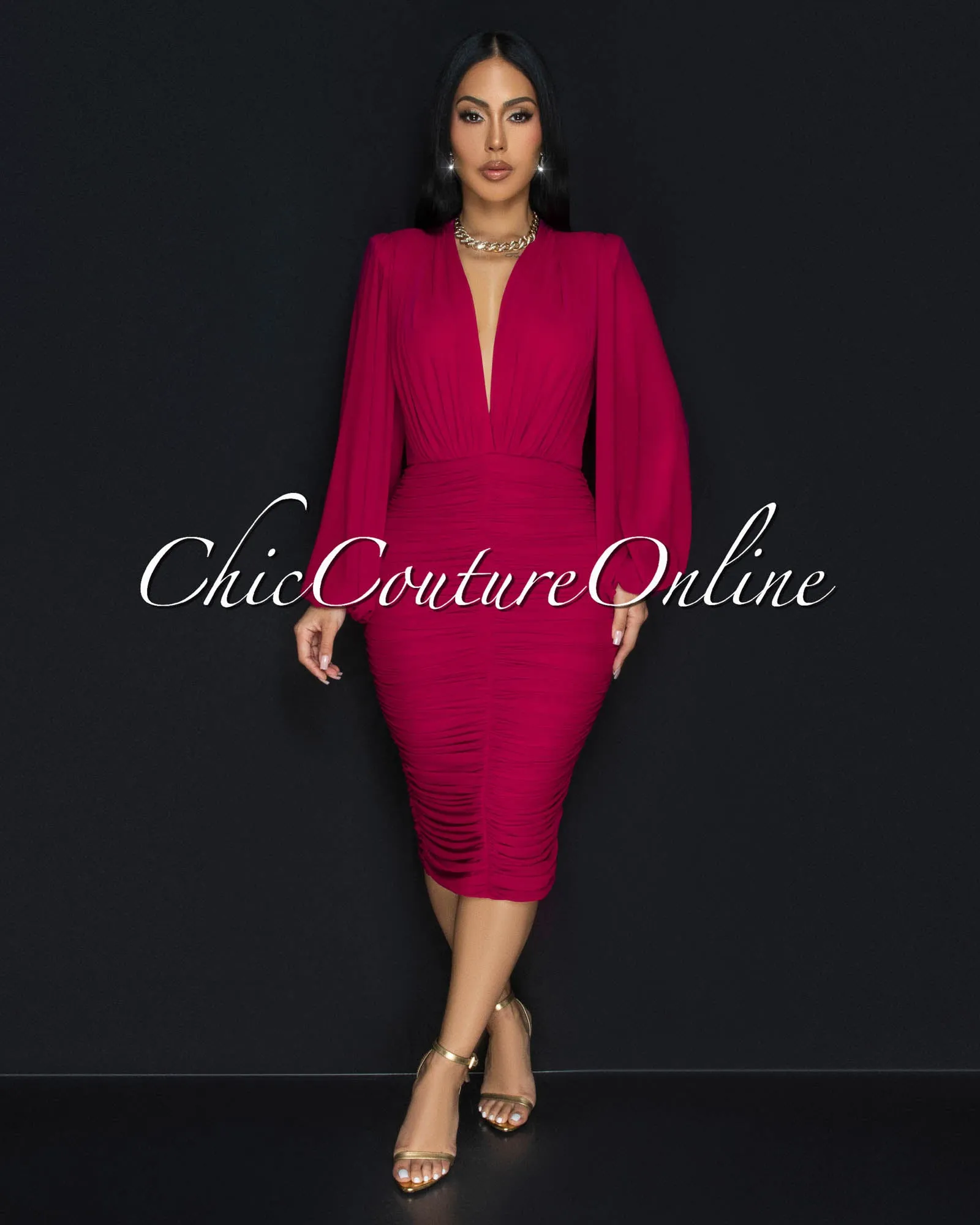 Vanica Magenta Mesh Overlay Plunging V-Neck Midi Dress (PRE-ORDER) sold by Chic Couture