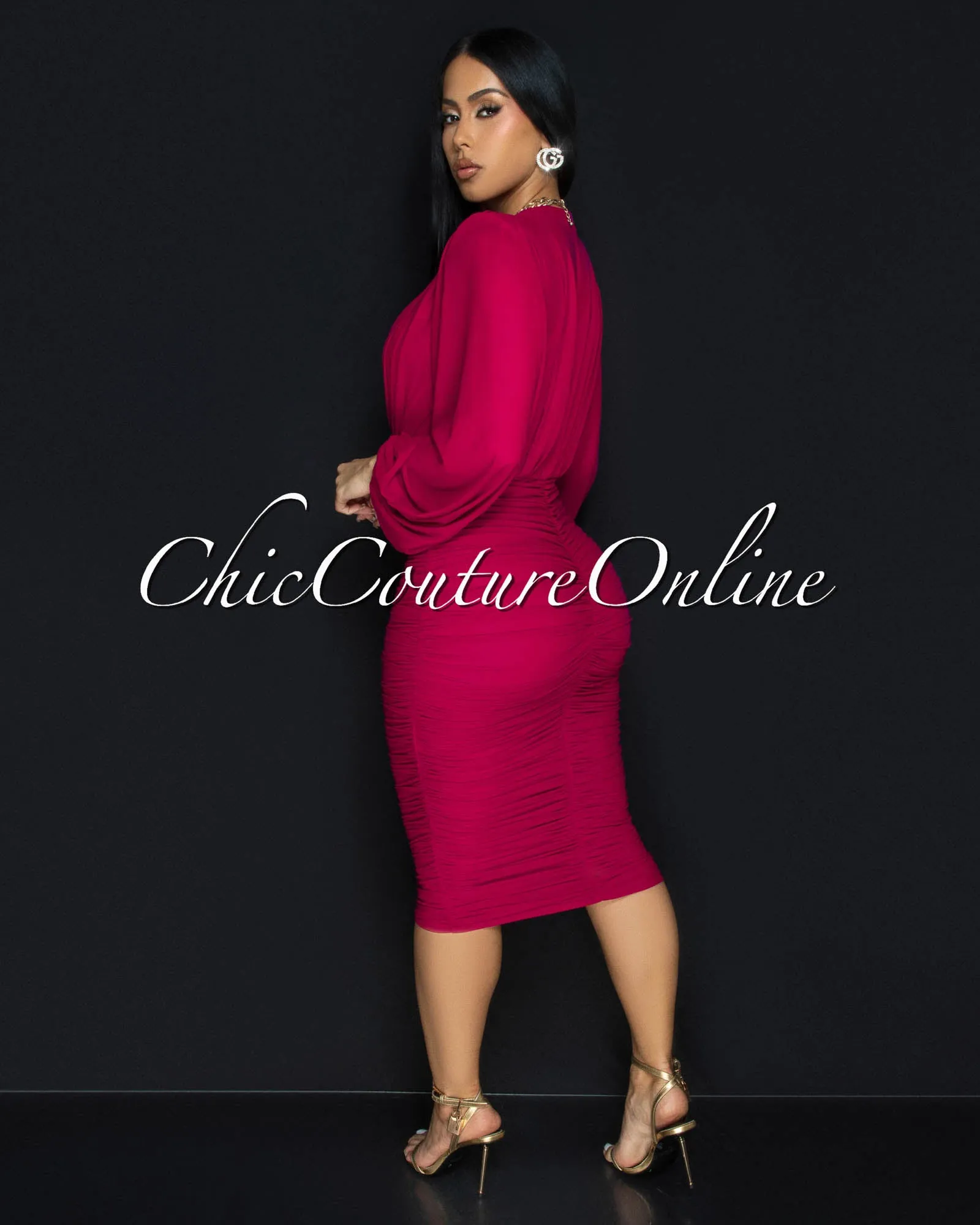 Vanica Magenta Mesh Overlay Plunging V-Neck Midi Dress (PRE-ORDER) sold by Chic Couture product image thumbnail 4