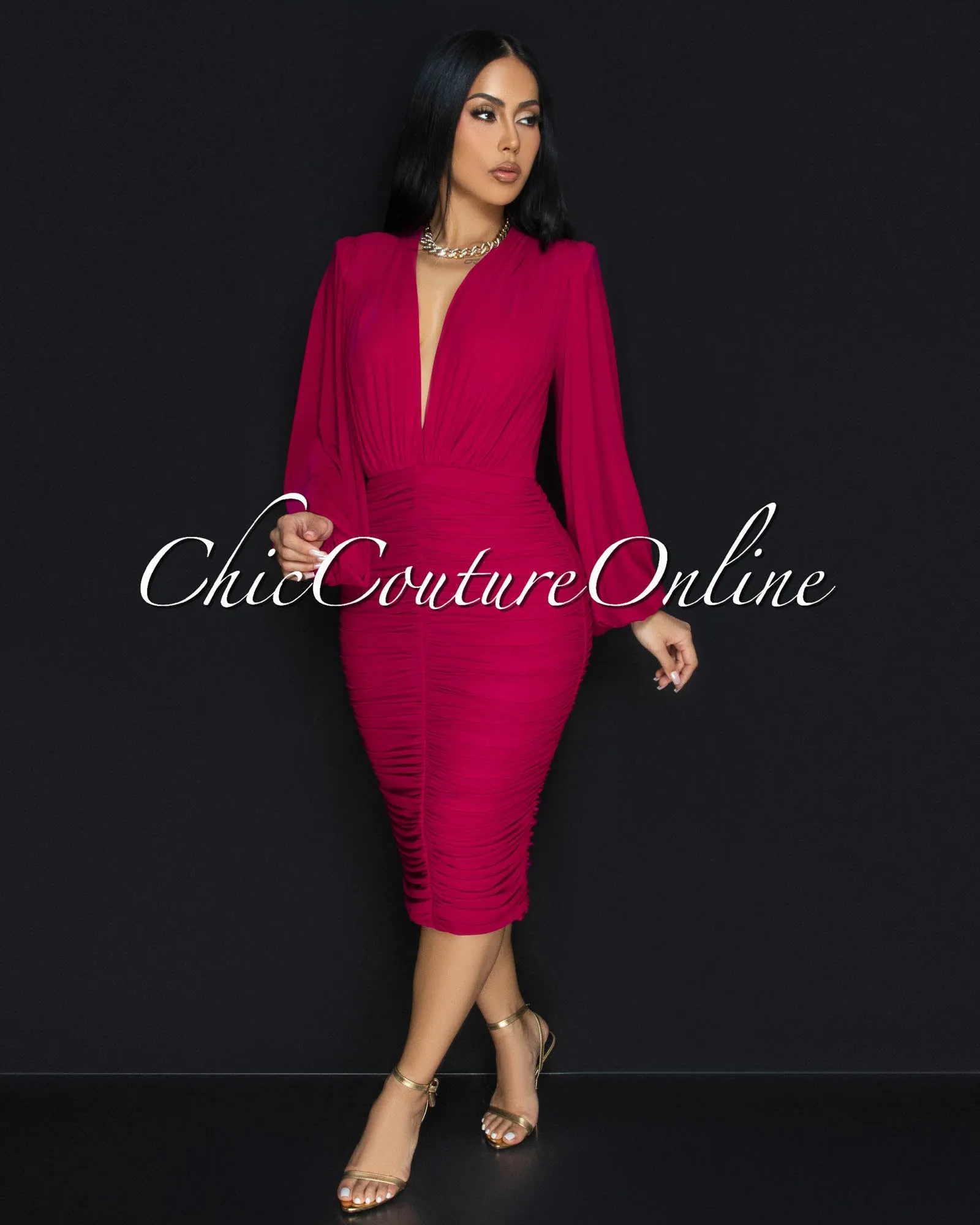 Vanica Magenta Mesh Overlay Plunging V-Neck Midi Dress (PRE-ORDER) sold by Chic Couture product image thumbnail 2