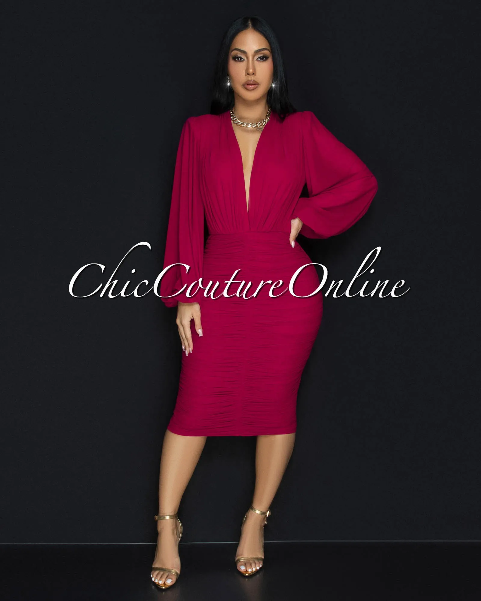 Vanica Magenta Mesh Overlay Plunging V-Neck Midi Dress (PRE-ORDER) sold by Chic Couture product image thumbnail 3