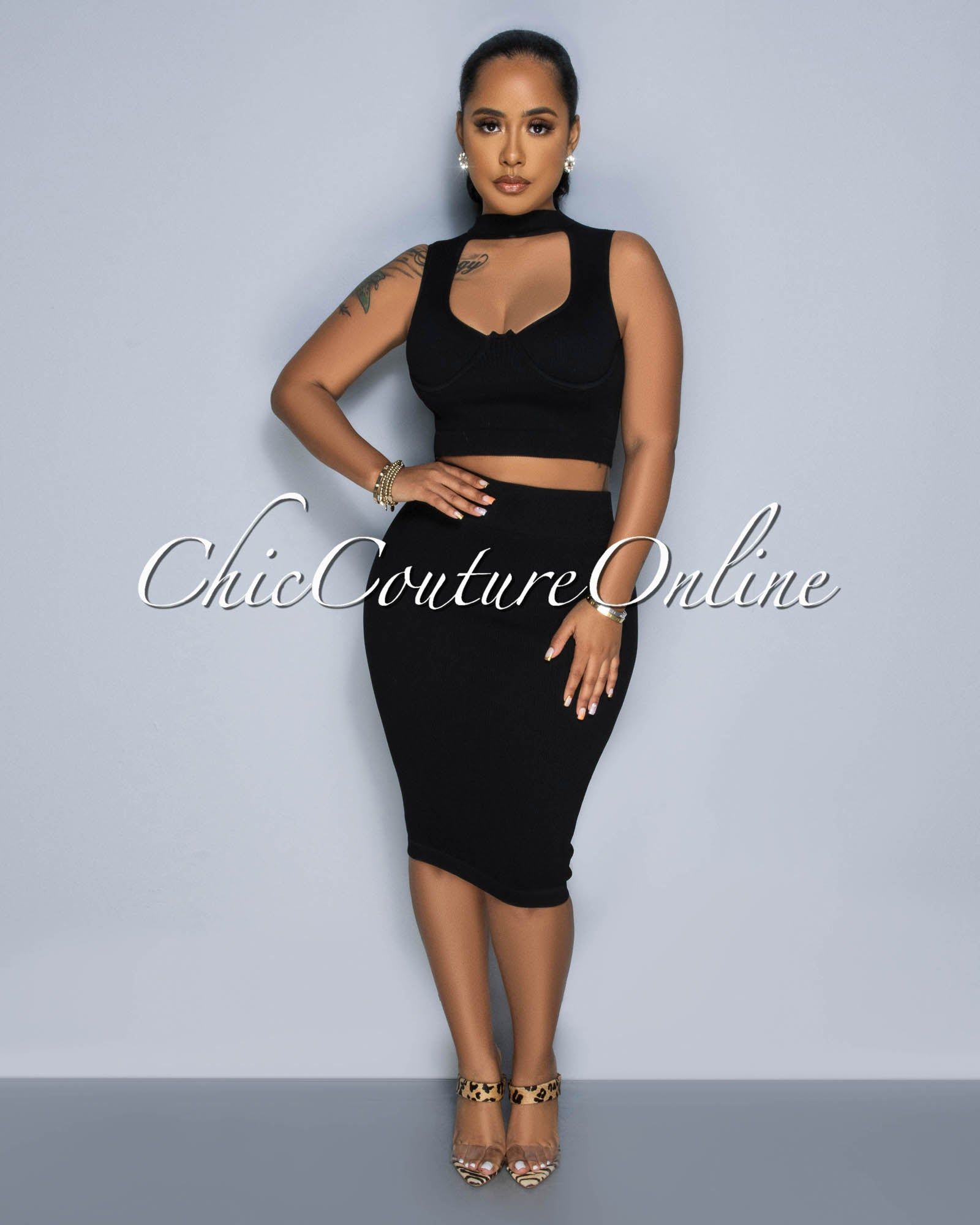 Odera Black Bust Cut-Out Crop Top & SCULPTING Skirt Set sold by Chic Couture