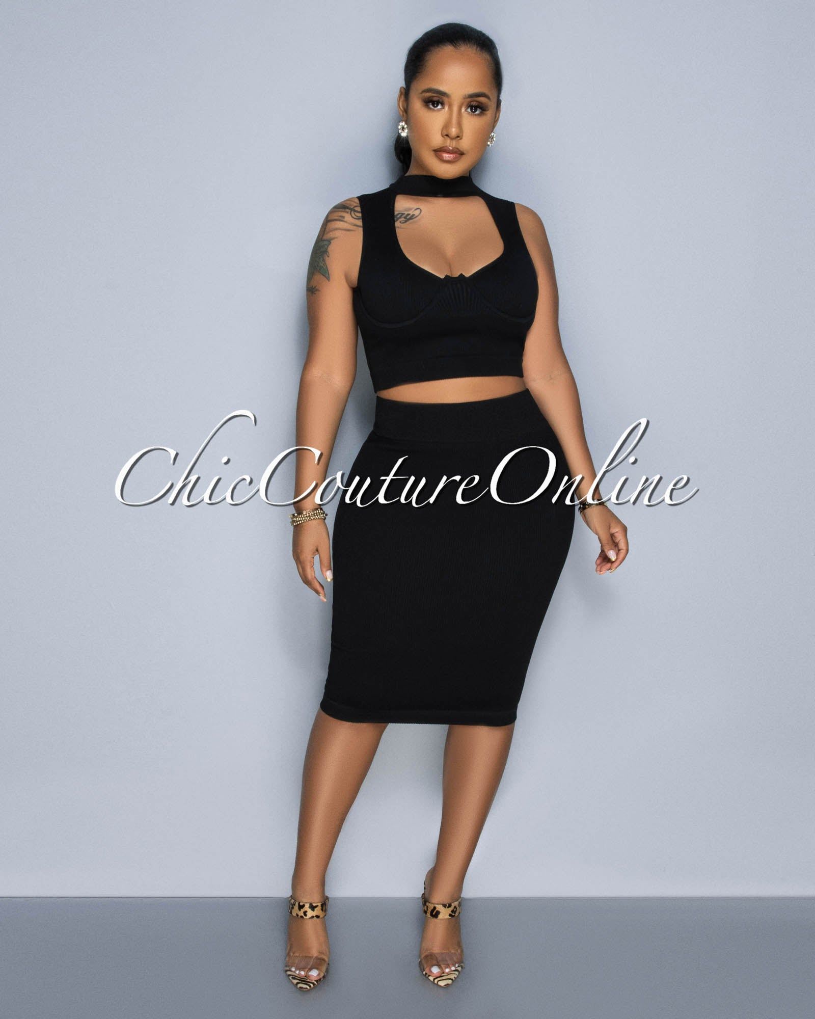 Odera Black Bust Cut-Out Crop Top & SCULPTING Skirt Set sold by Chic Couture product image thumbnail 2