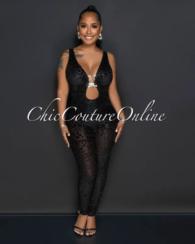 Reece Black Leopard Velvet Texture Gold Accent Sheer Jumpsuit sold by Chic Couture