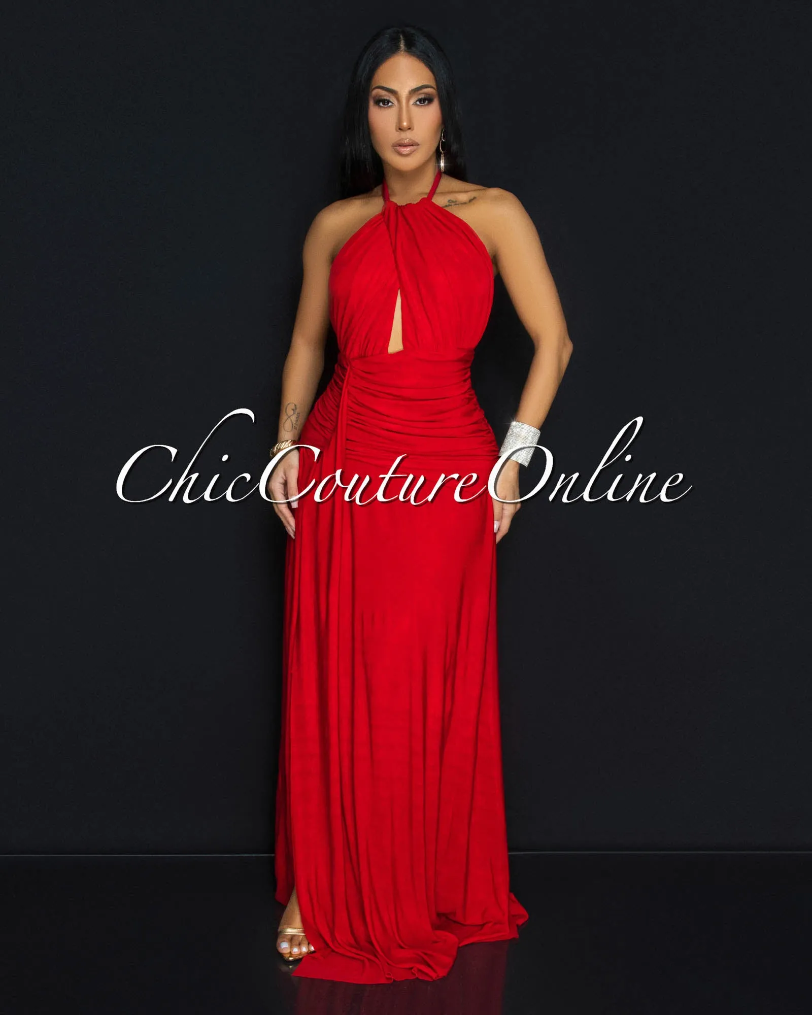 Marseille Red Jersey Front Slit Maxi Dress sold by Chic Couture product image thumbnail 2