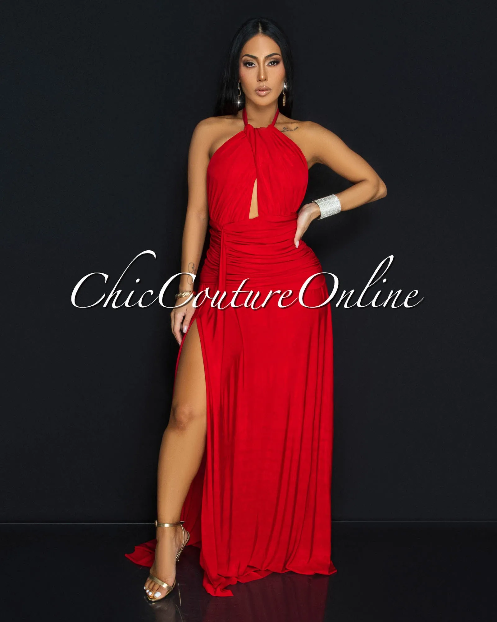Marseille Red Jersey Front Slit Maxi Dress sold by Chic Couture
